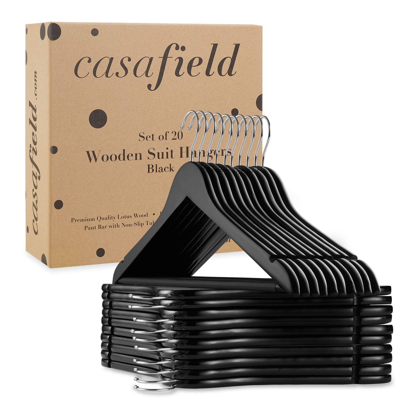 Casafield - 20 Black Wooden Suit Hangers - Premium Lotus Wood With Notches & Chrome Swivel Hook For Dress Clothes, Coats, Jacket