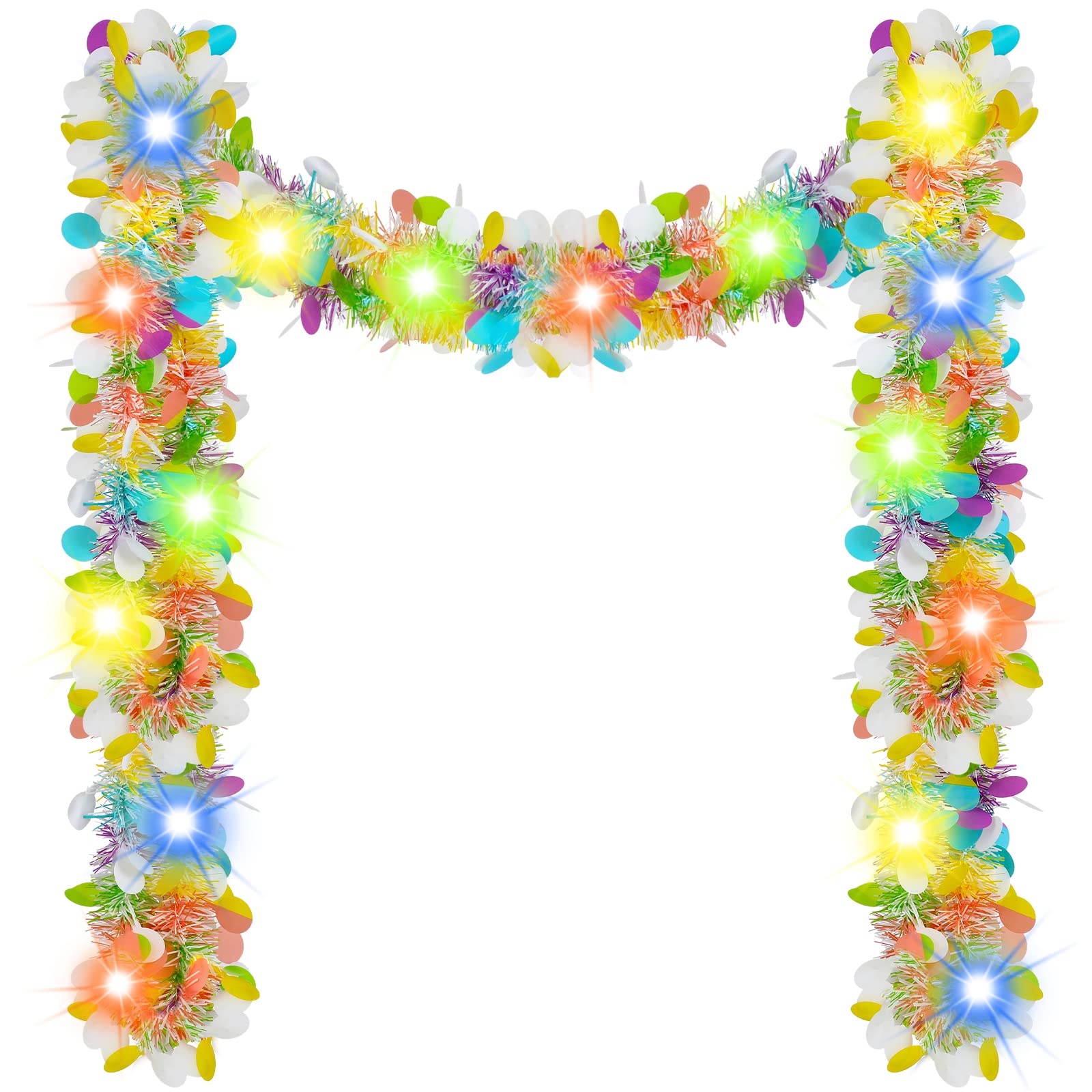 Chuangdi 16.4 ft Easter Tinsel Garland with LED String Light Easter Egg Twist Metallic Wire Tinsel Garland Foil Hanging Decor, C