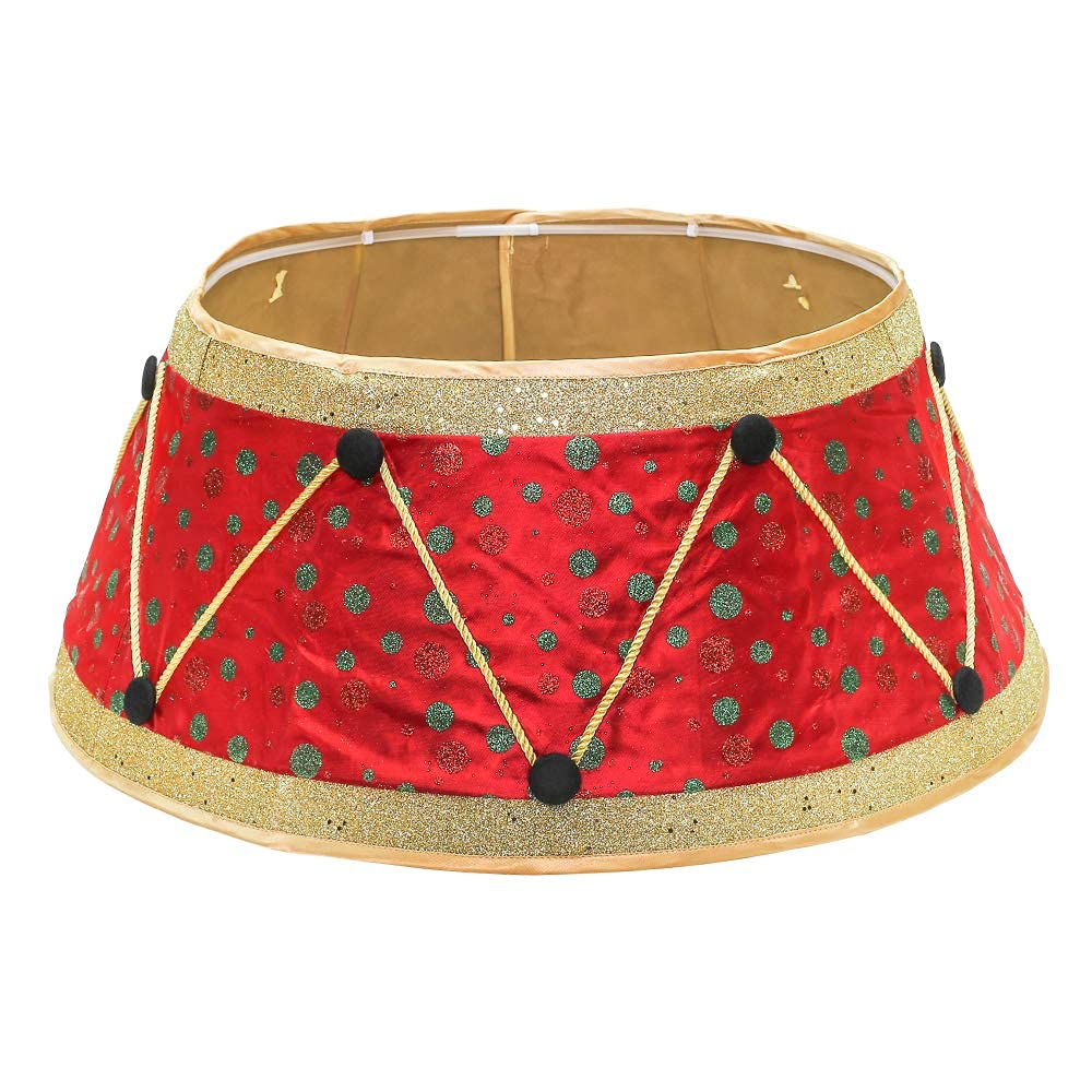 New Traditions Christmas Tree Collar - Red & Green Drum Design - 26 Diameter Fabric Stand Band for Artificial & Natural Trees -