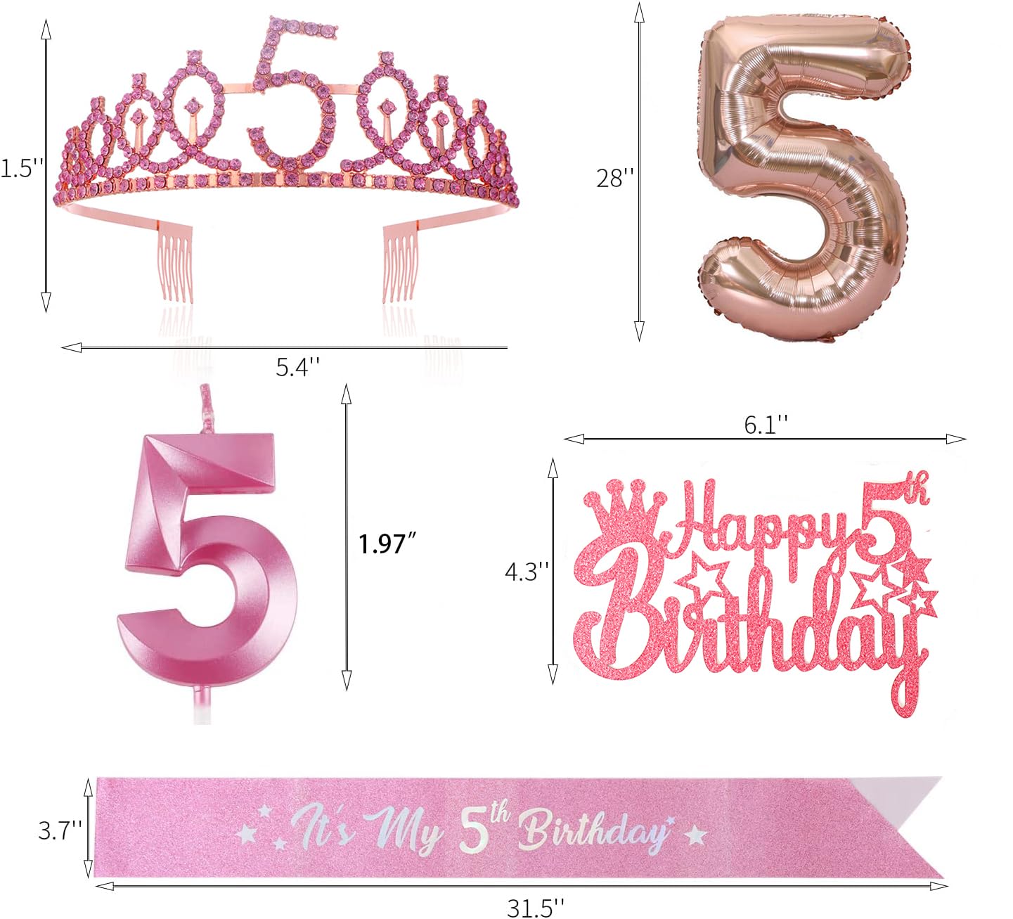 5Th Birthday Candle Sash And Tiara,It'S My 5Th Birthday Sash Rhinestone Crown Happy Birthday Cake Topper Balloon For Girls 5Th B