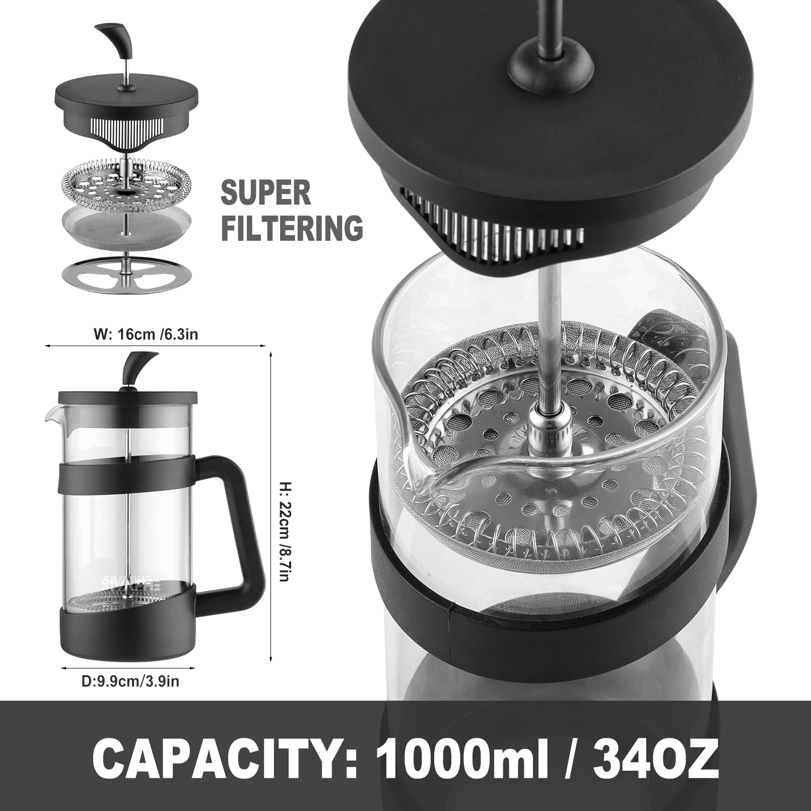 Sivaphe French Press 34Oz Light-Weight Durable High Borosilicate Carafe Maker 8 Cup Plastic Coffee Press Frothed