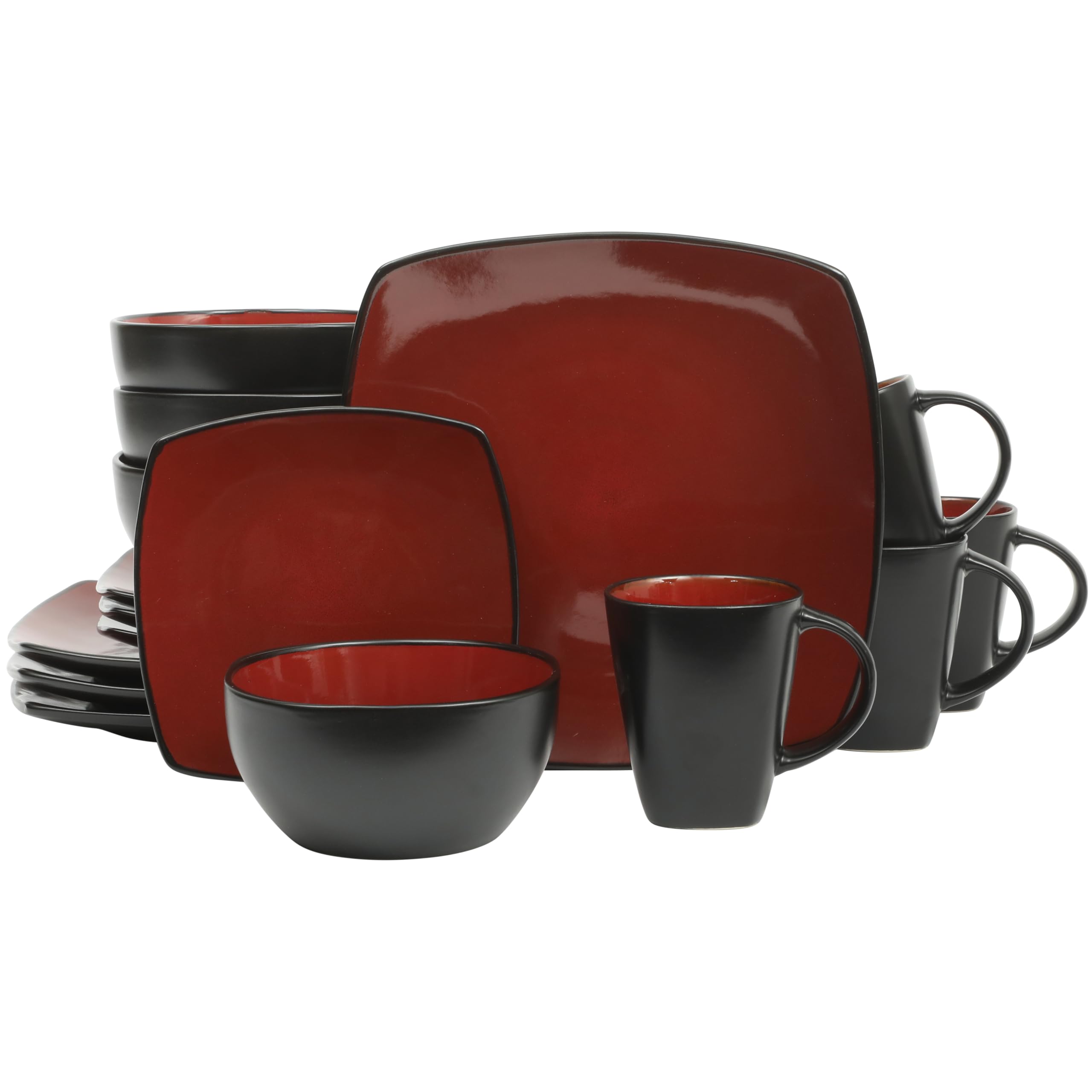 Gibson Soho Lounge Square Reactive Glaze Dinnerware Set, Red, Service for 4 (16pcs)