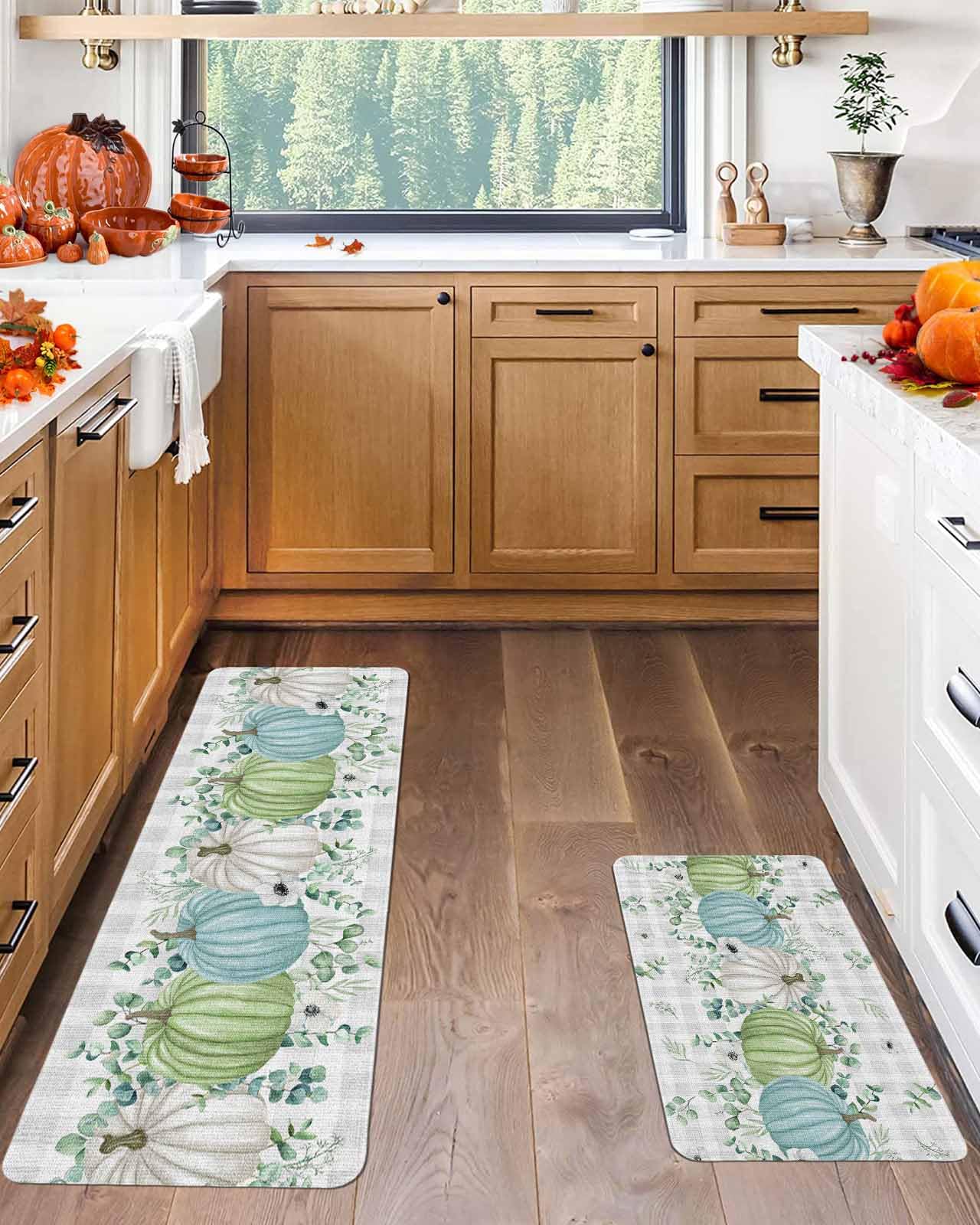 Fall Thanksgiving Kitchen Mat for Floor Autumn Pumpkins Eucalyptus Leaves Kitchen Runner Rug,Non Skid, White Blue Green Gray Pla