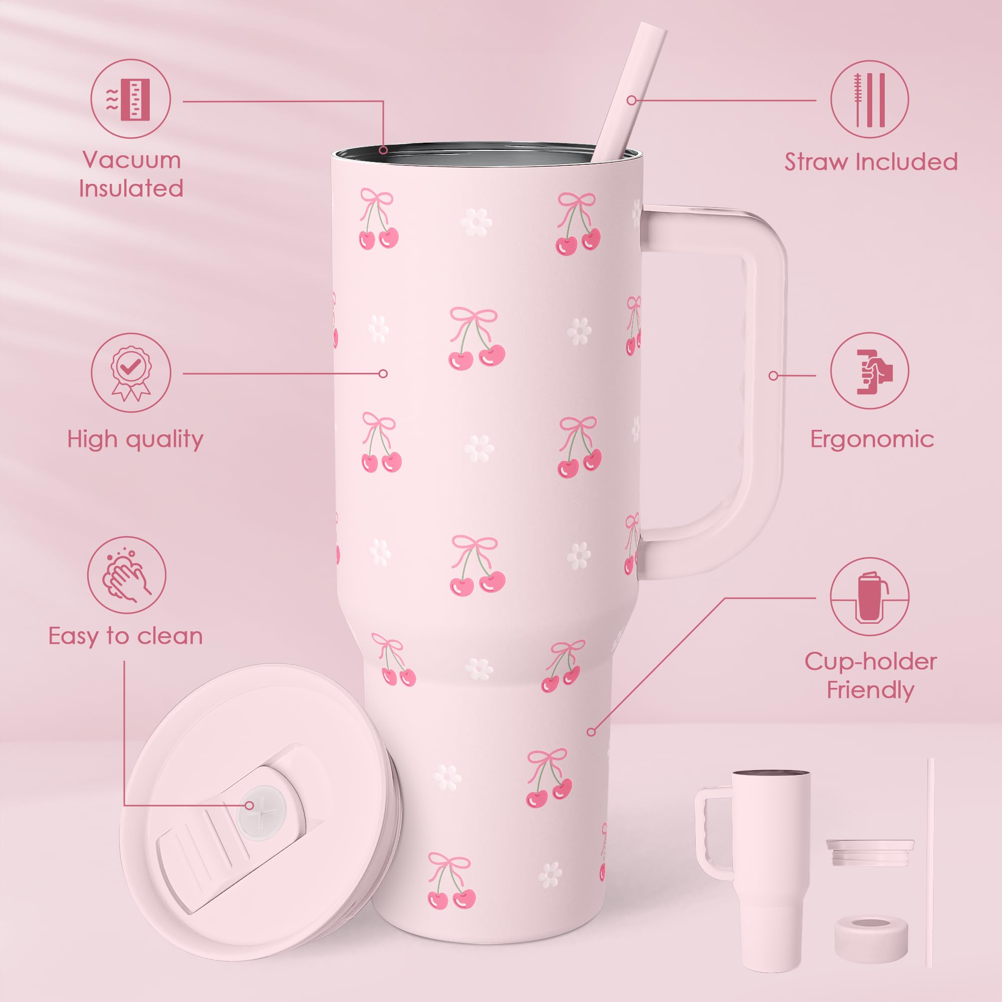 Cherry 40oz Slider Tumbler with Handle and Straw - Insulated Stainless Steel Travel Coffee Mug for Women Girls, Gift for Birthda