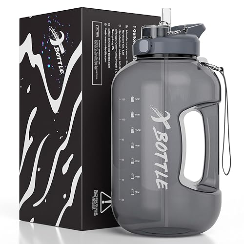 1 Gallon Water Bottle with Straw & Chug lid (optional)  BPA Free Dishwasher Safe 128oz Large Water Bottle with Motivational Time Marker and Handle Leak-proof Big Water Jug for Camping Sports Workouts (128oz  Black)