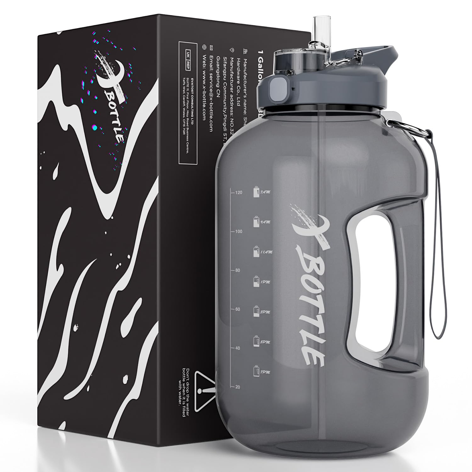 1 Gallon Water Bottle with Straw & Chug lid (optional)  BPA Free Dishwasher Safe 128oz Large Water Bottle with Motivational Time Marker and Handle Leak-proof Big Water Jug for Camping Sports Workouts (128oz  Black)
