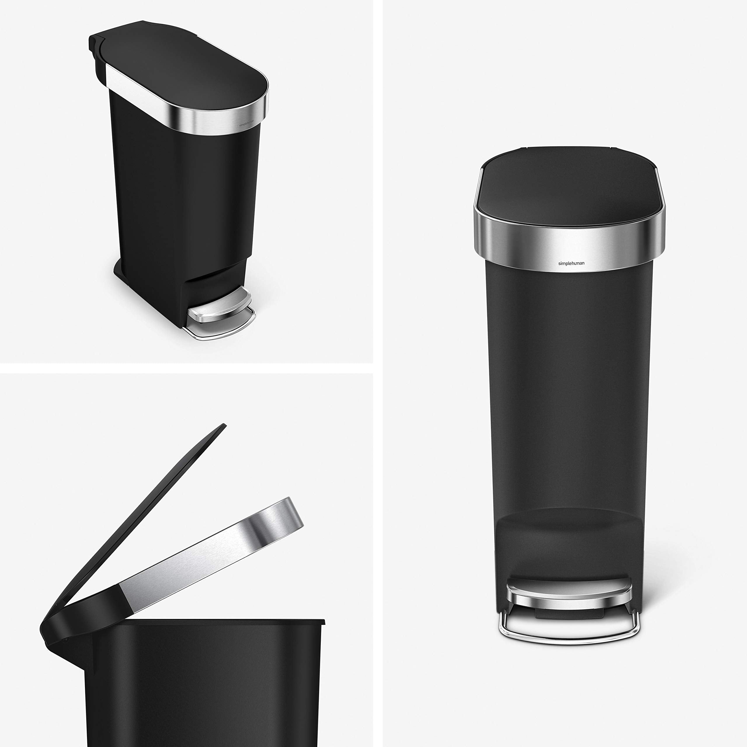 simplehuman 40 Liter / 10.6 Gallon Slim Kitchen Step Trash Can with Liner Rim  Black Plastic