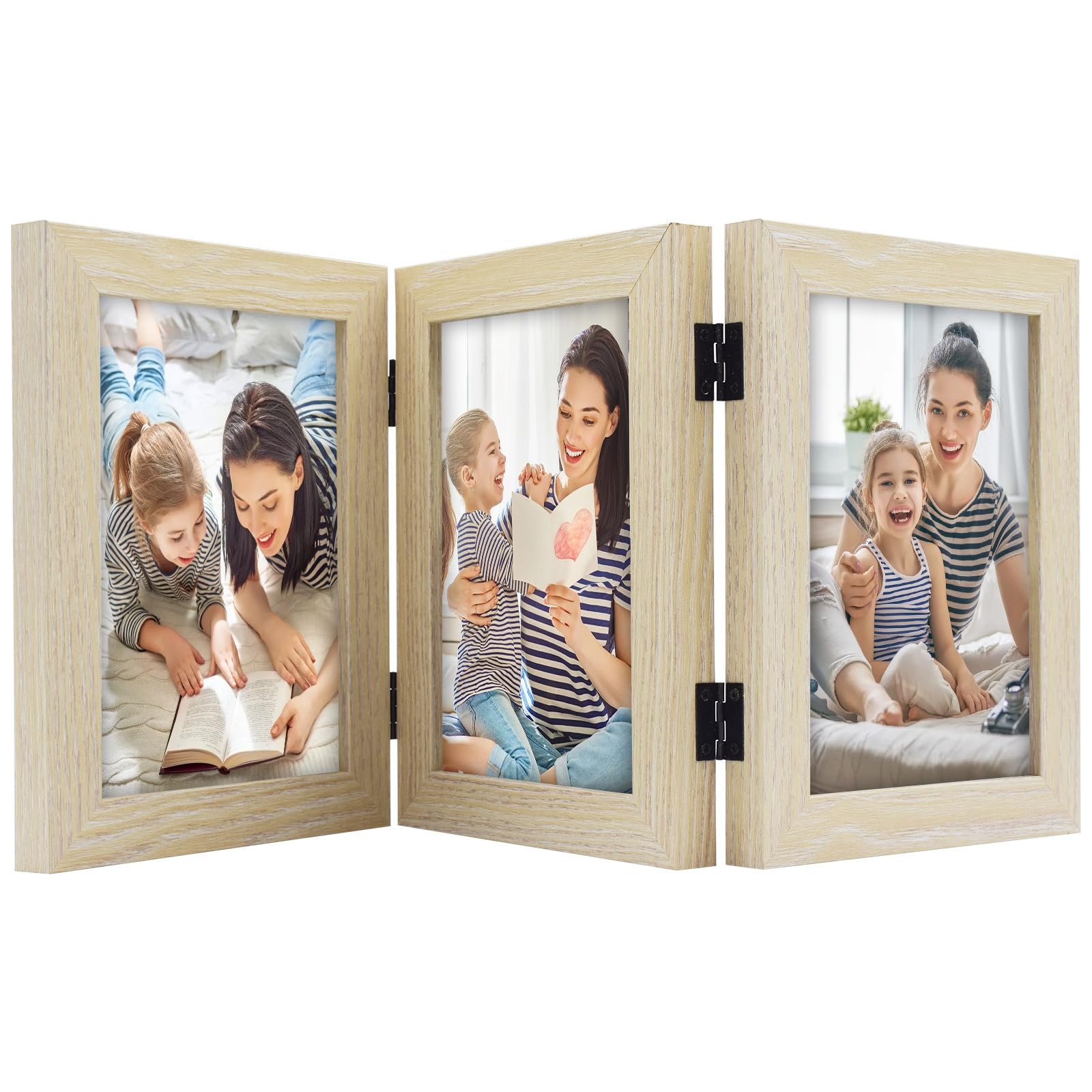 Golden State Art, 5x7 Triple Hinged Picture Frame, Three Photo Folding Frames, for Wedding Family Pictures Collage (Beige, Tripl