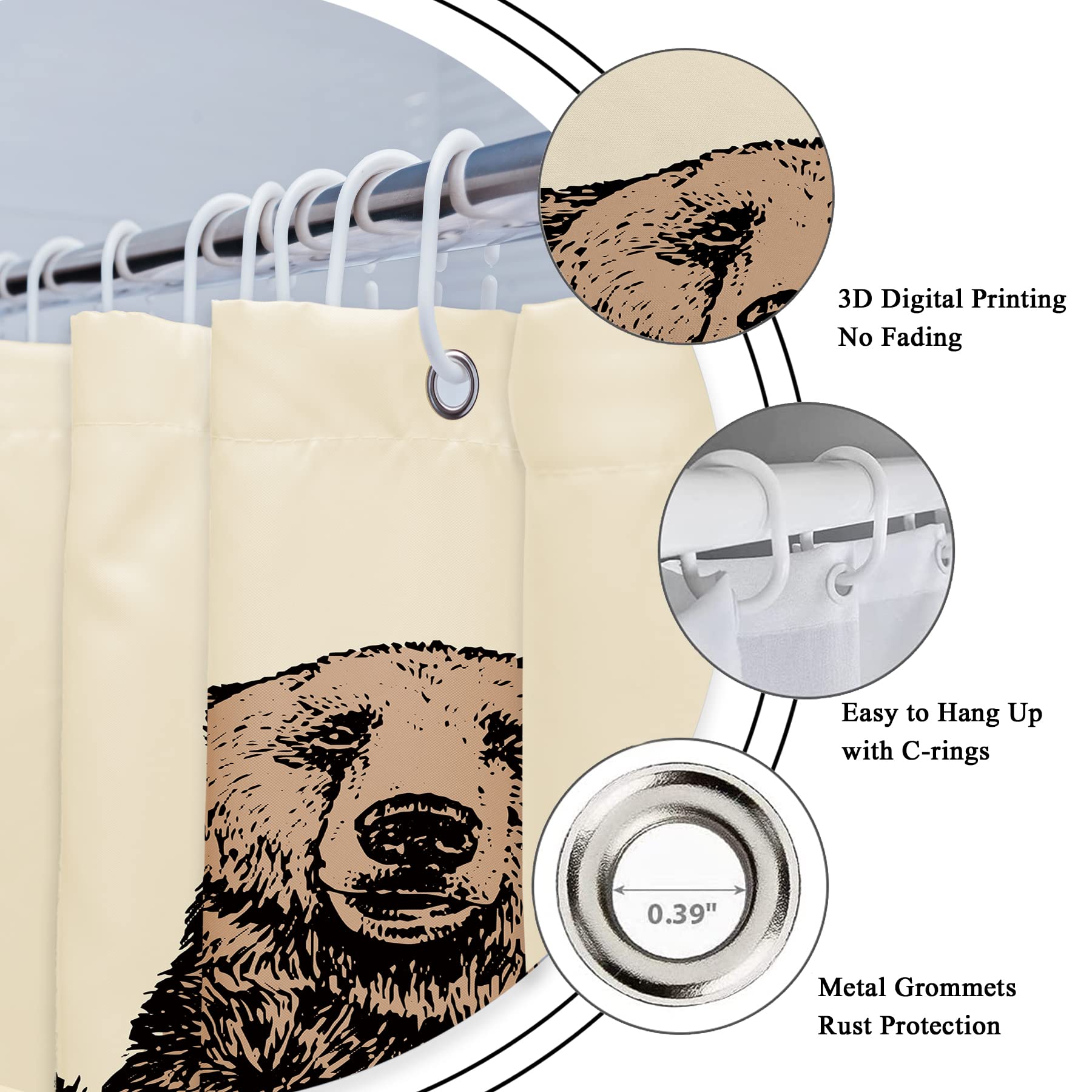Riyidecor Funny Stall Small Bear Rv Shower Curtain 36Wx72H Inch Animal Narrow Half Single Walkin Standing Kids Brown Say Hello K