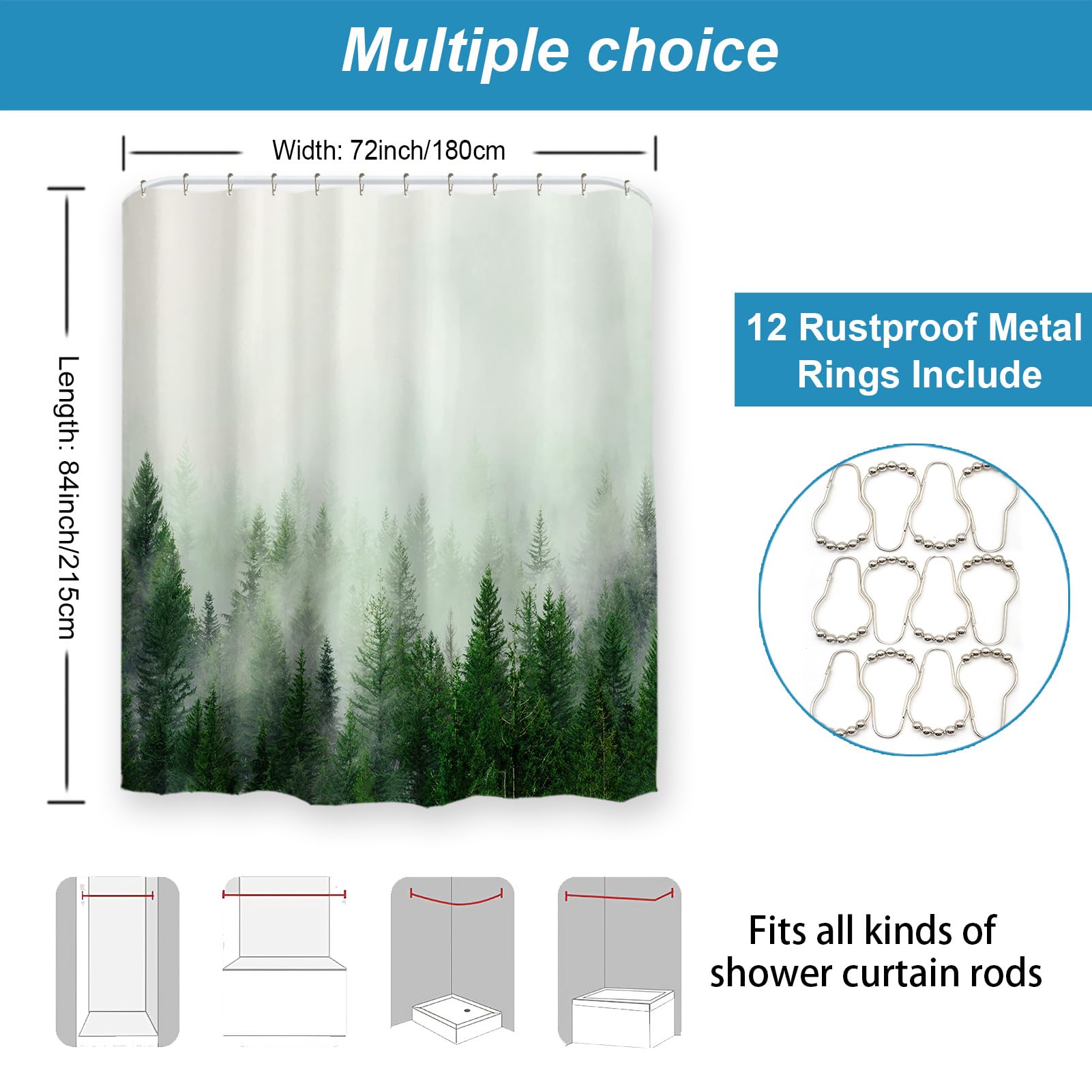Ortigia Green Misty Forest Shower Curtains,Nature Woodland Shower Curtain,Fantasy Fog Magic Tree Bath Curtain For Bathroom,Fall