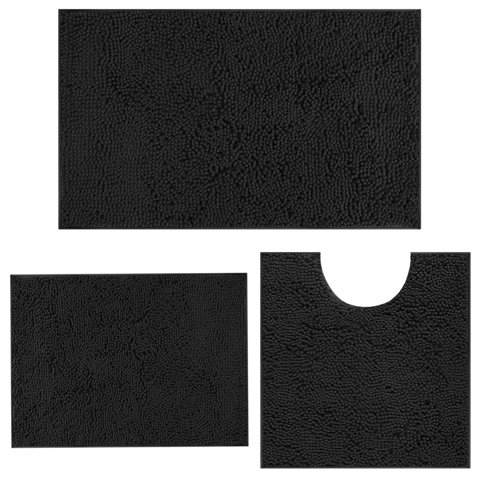 Black Bathroom Rugs Non-Slip Bath Mat Set, Chenille Bathroom Mats, Bath Rugs Set 3 Pieces, Ultra Soft Bathroom Rug Set, And Abso