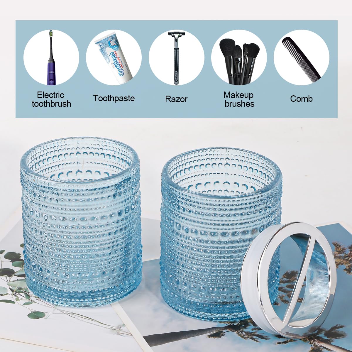 Tonxus Blue Toothbrush Holders for Bathrooms, Glass Toothbrush Holder with 2 Slot Divider, 10oz Bathroom Tumbler and Mouthwash C