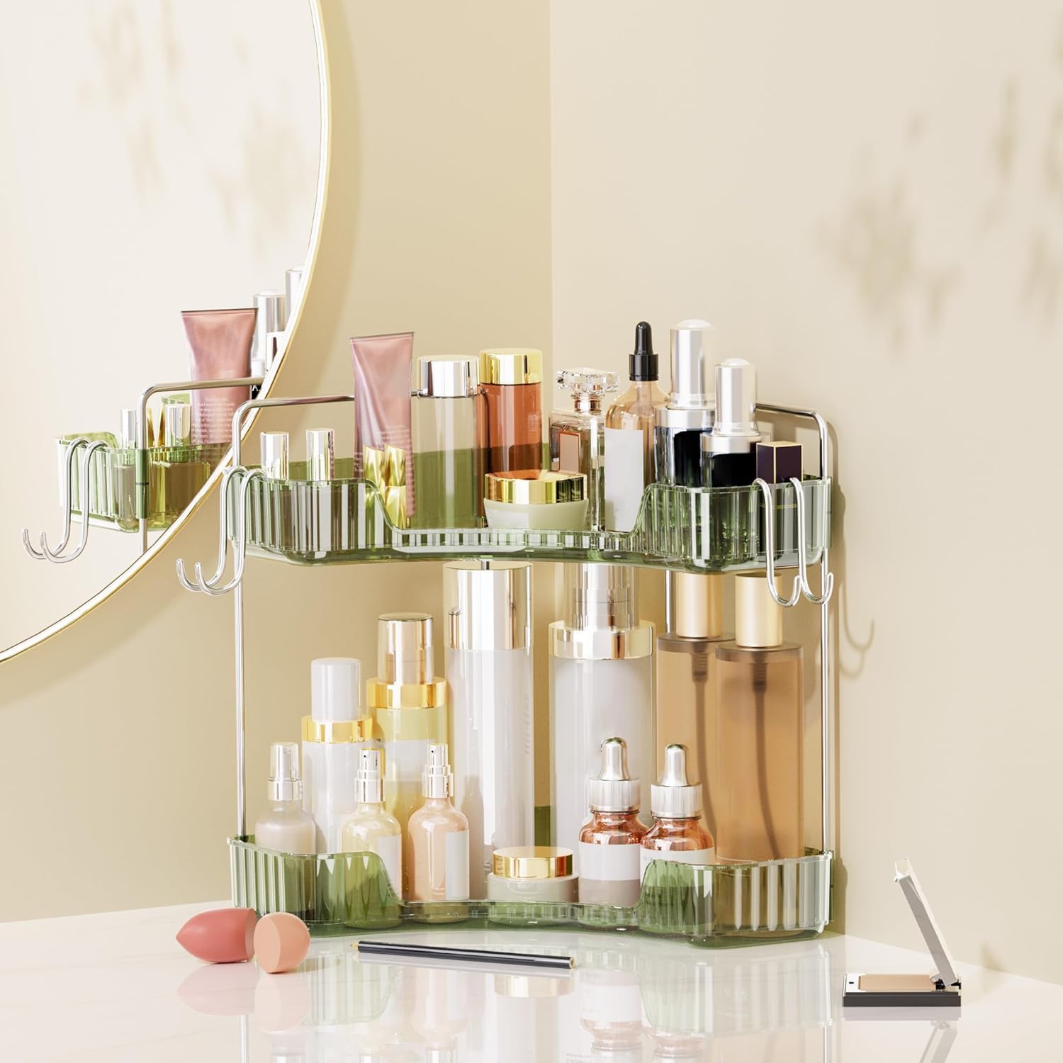 Kinkota 2 Tier Corner Bathroom Organizer Countertop, Plastic Bathroom Counter Organizer, Vanity Tray Sink Shelf With Hooks, For