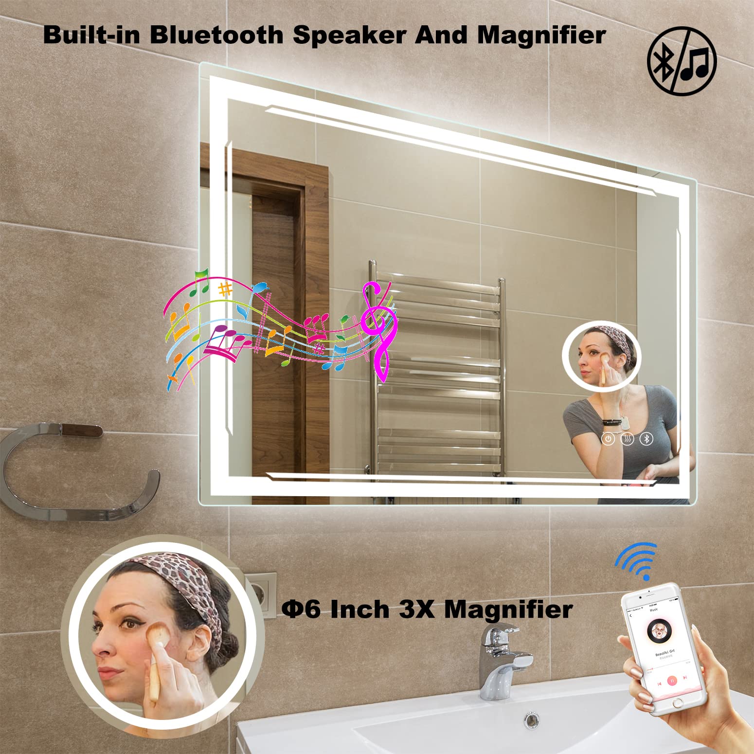 M Ltmirror 48''X30'' Led Bathroom Mirror With Built-In Bluetooth Speaker And 3X Magnifier - Smart Lighted Vanity Makeup Wall Mou