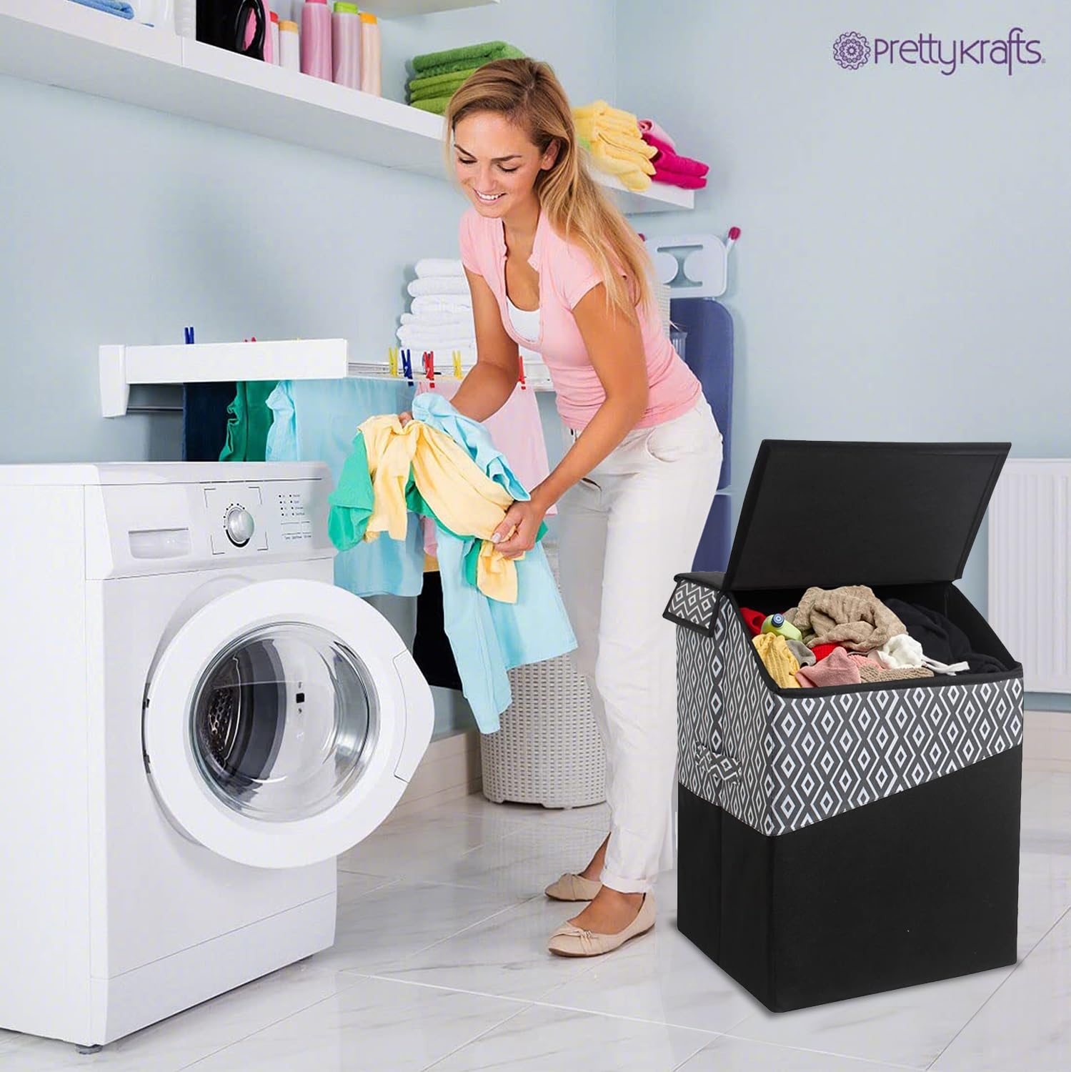 Prettykrafts 75 Ltr Foldable Laundry Basket For Clothes | Jute Laundry Bag | Washing Clothes Storage Basket | Toy Storage Organi