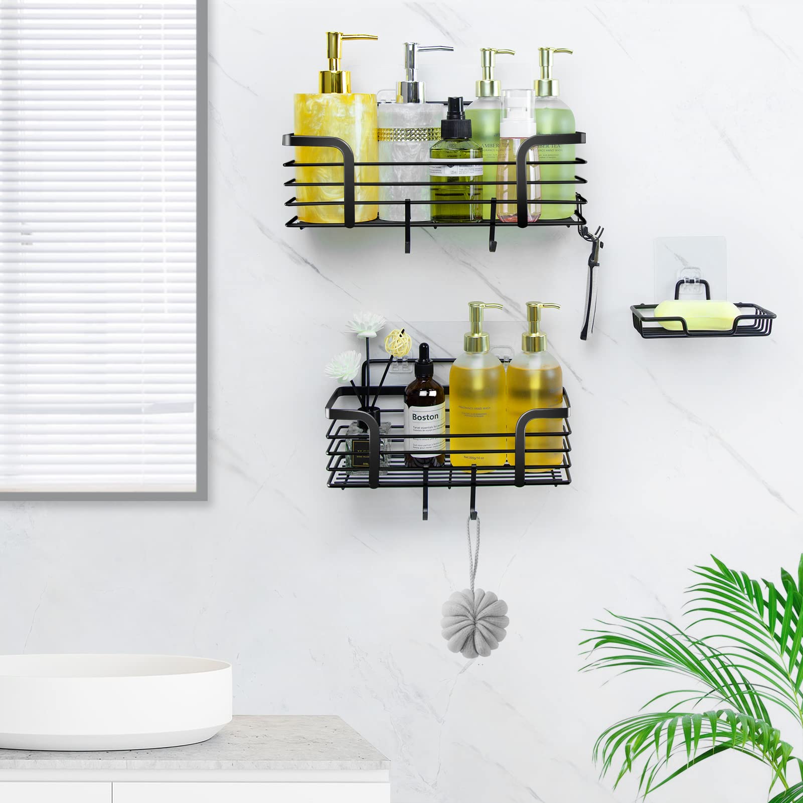 Shower Caddy  Adhesive Shower Organizer with Soap Dish and 4 Hooks  Rustproof Stainless Steel Shower Shelves  Wall Mounted No Drilling Storage Shelf Basket Accessories for Bathroom & Kitchen