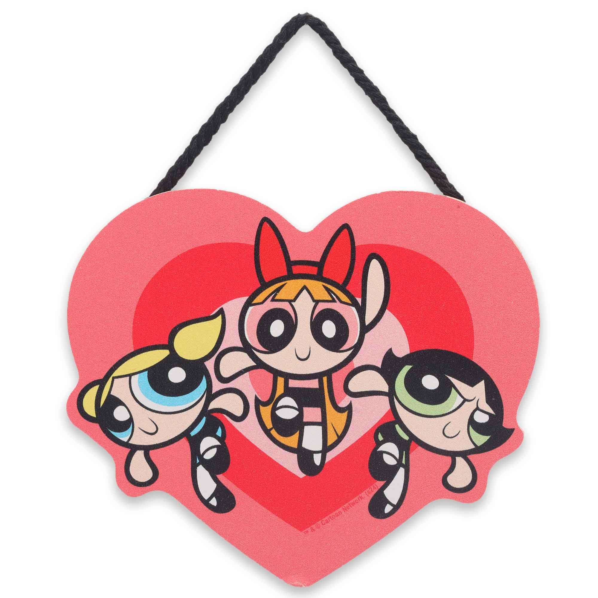 Open Road Brands The Powerpuff Girls Heart Hanging Wood Wall Decor - Fun Powerpuff Girls Sign for Kids Bedroom or Movie Room