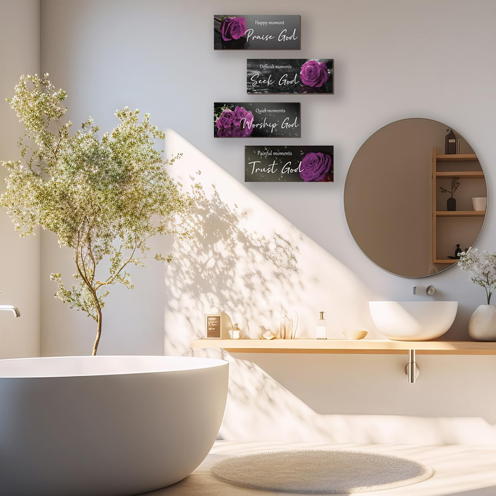 ONIZHITY 4pcs Purple Bathroom Decor Religious Wall Art Bible Verse Inspirational Rose Wall Decor Rustic Wooden Christian Sign fo