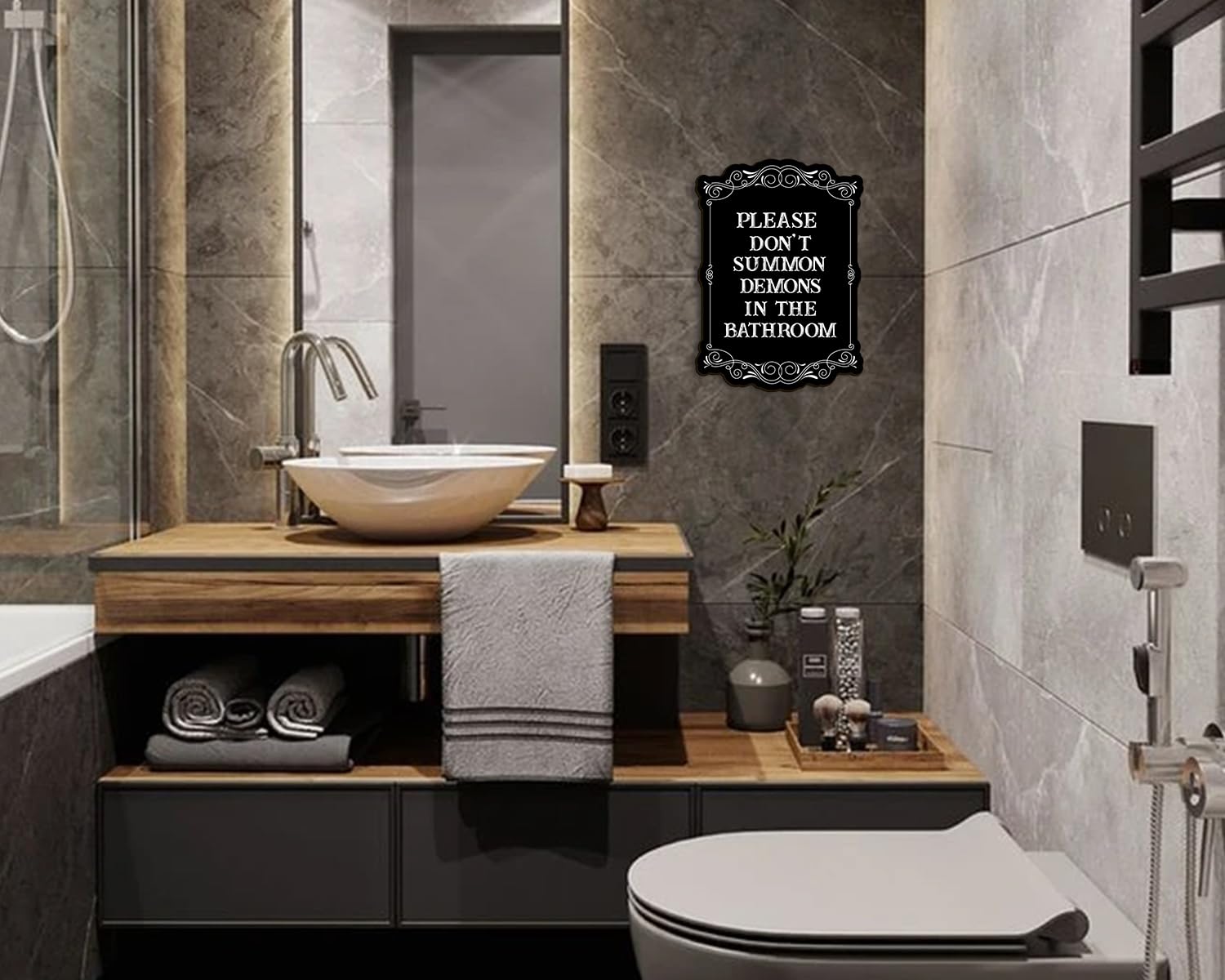 Color Valley Art - Please Do Not Summon Demons In The Bathroom, Funny Gothic Decor Bathroom Wall Art, Wooden Spooky Wall Hanging