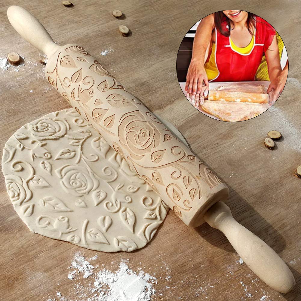 CfoPiryx Wooden Rolling Pin - Rose Flower Embossed Baking Tool, Free Size, Wood Color, Ideal for Cookies and Fondant