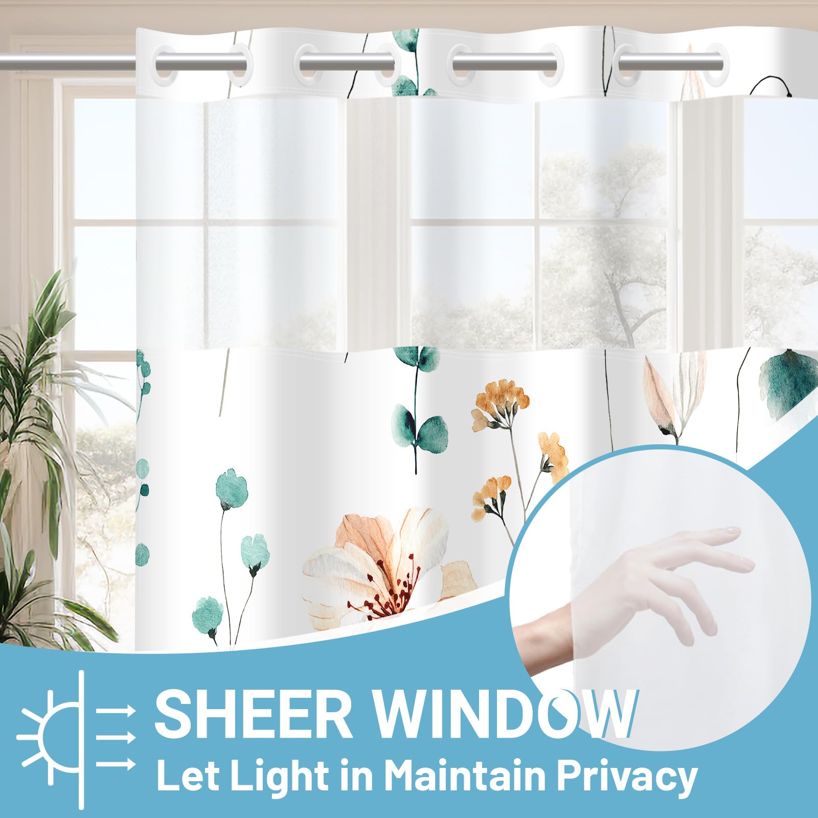 Withloc No Hook Shower Curtain With Snap In Liner - Floral Shower Curtain - Fabric Waterproof Inner Liner, Plants Watercolor Tea