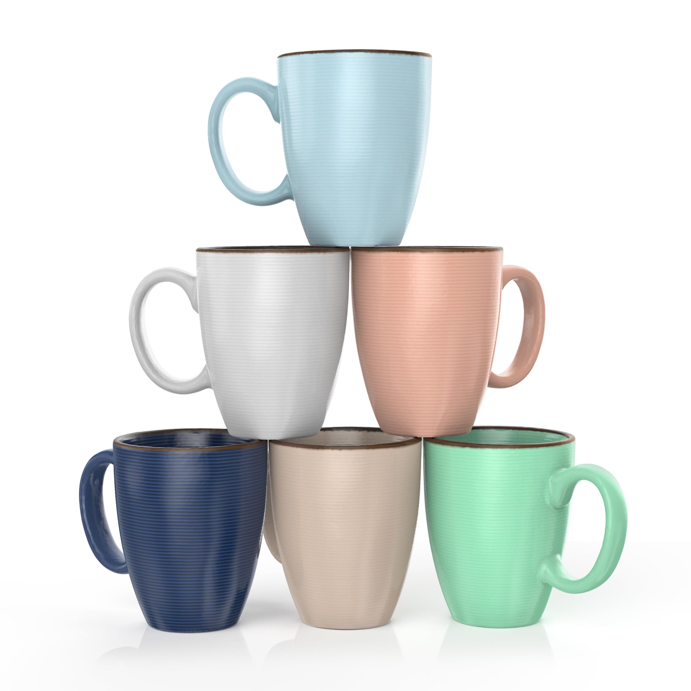 Francois et Mimi Set of 6 12oz Designer Ribbed Style Colorful Ceramic Coffee Mugs, Coffee Cups Gift Set for Coffee, Tea, Cocoa a