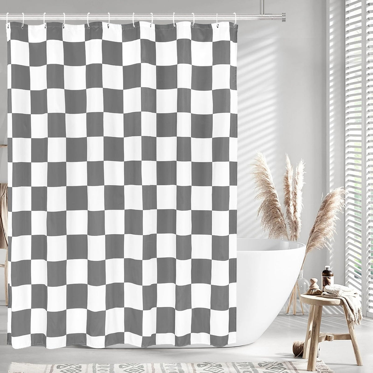 Tititex Aesthetic Checkerboard Grid Pattern Shower Curtain, White Grey Modern Shower Curtain Sets Decoration 71X71 Inch With Hoo