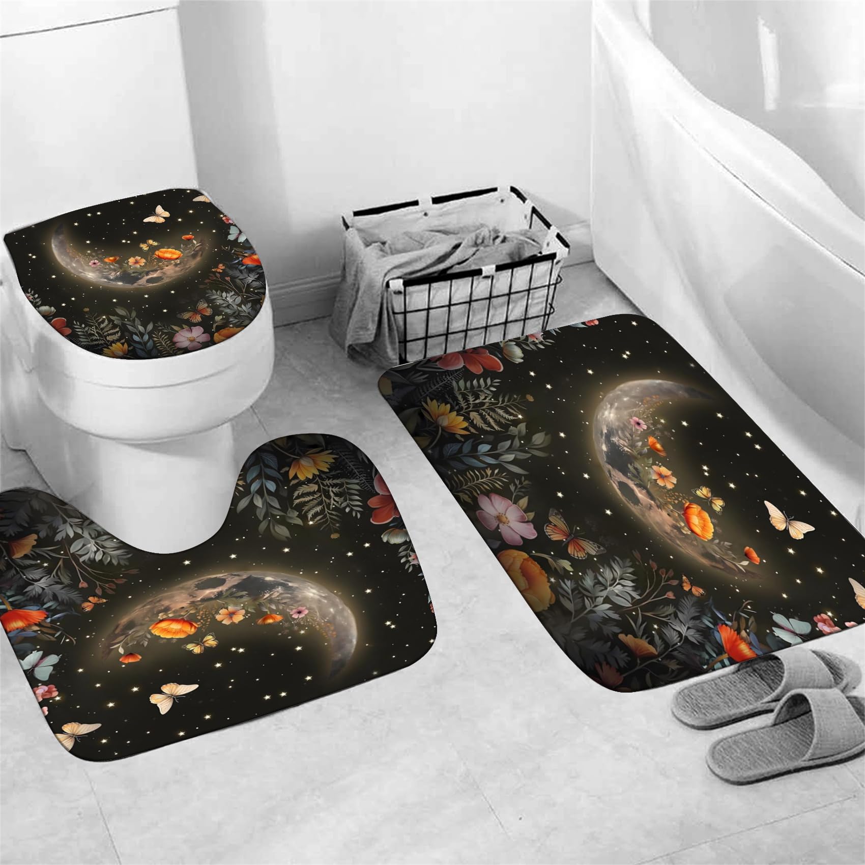 Xswpl Shower Curtain Set 4 Pcs Black Moon Bathroom Sets With Shower Curtain And Rugs Bathroom Decor Set Black Shower Curtain Wit