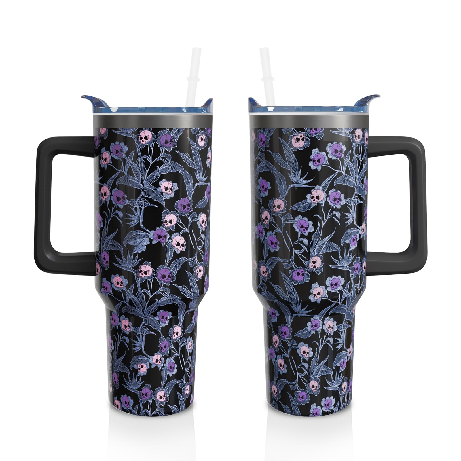 Aokoyi 40oz Halloween Gothic Tumbler with Handle and Straw, Goth Skull Stainless Steel Insulated Cup Water Bottle, Halloween Hol