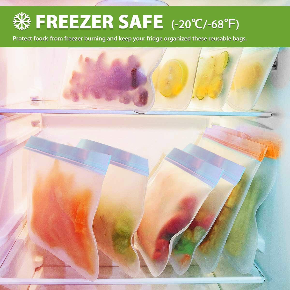 Ideatech Reusable Food Storage Bags Washable, 20Pack Reusable Freezer Bags, Bpa Free Reusable Ziplock Various Size, Plastic Free