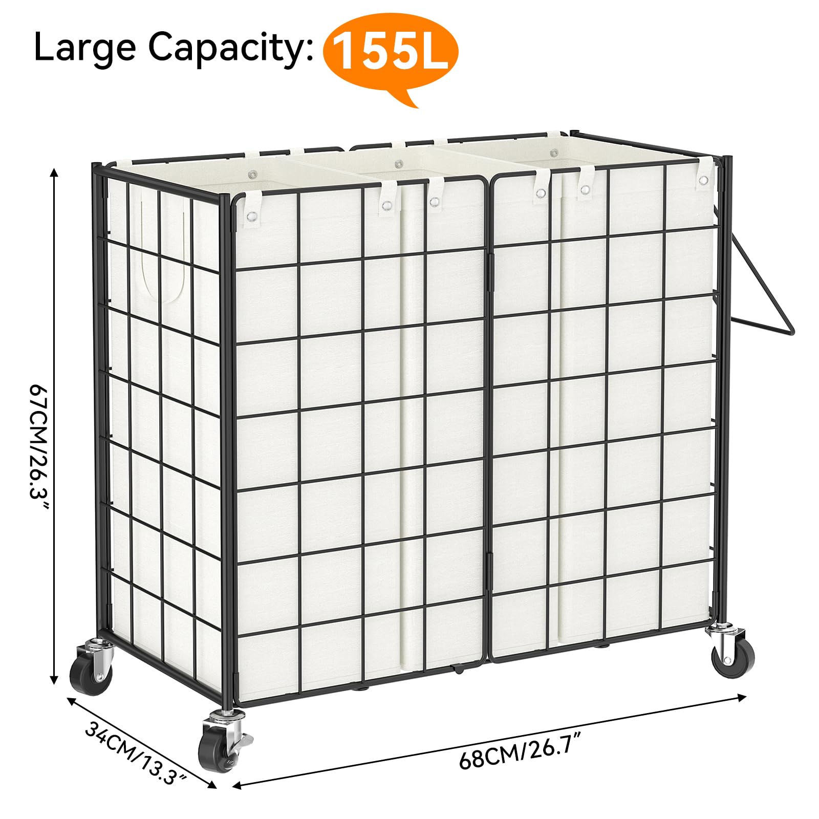 Wowlive Laundry Hamper With Wheels,Metal Wire Frame Rolling Laundry Basket 3 Section With Removable Bags,155L Dirty Clothes Hamp