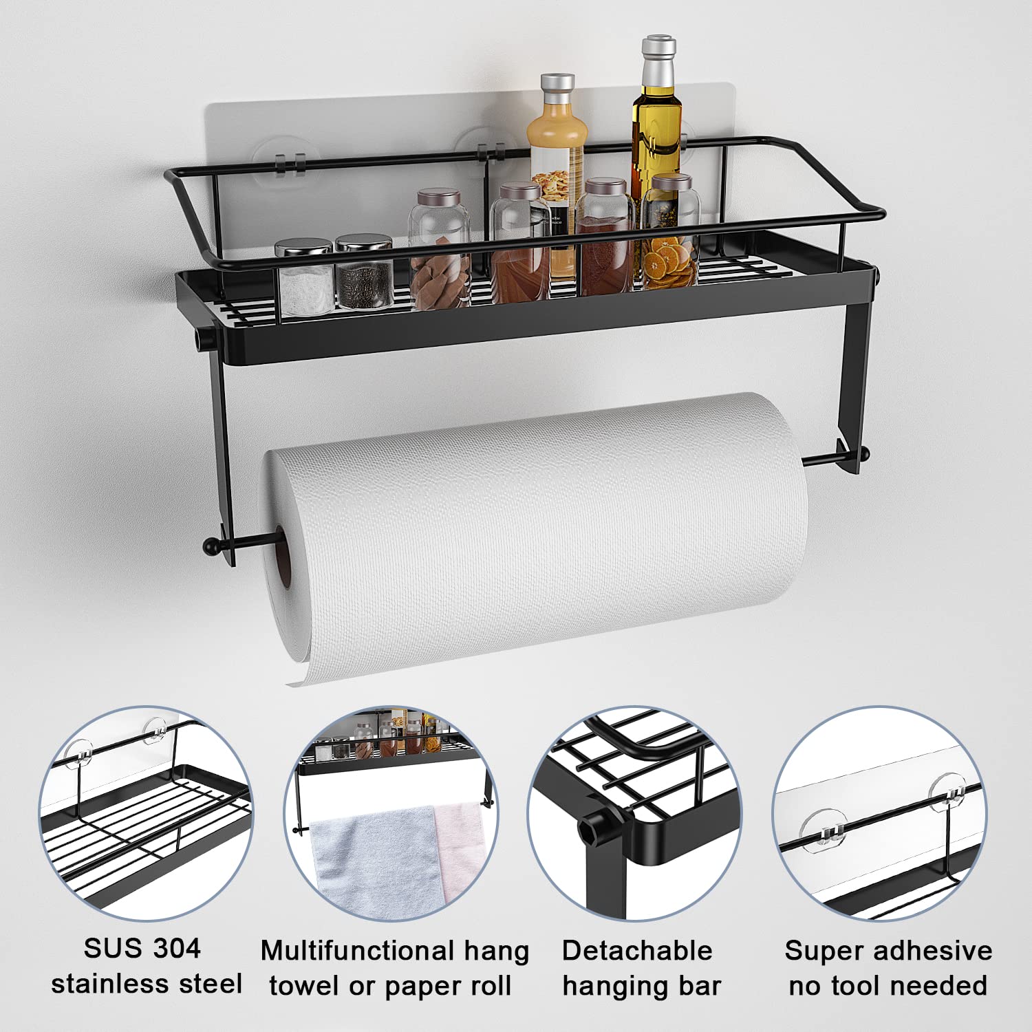 Paper Towel Holder Shelf, 2 In 1 Kitchen Spice Rack With Adhesive Black Paper Towel Holder For Bathroom, Stainless Steel Paper T