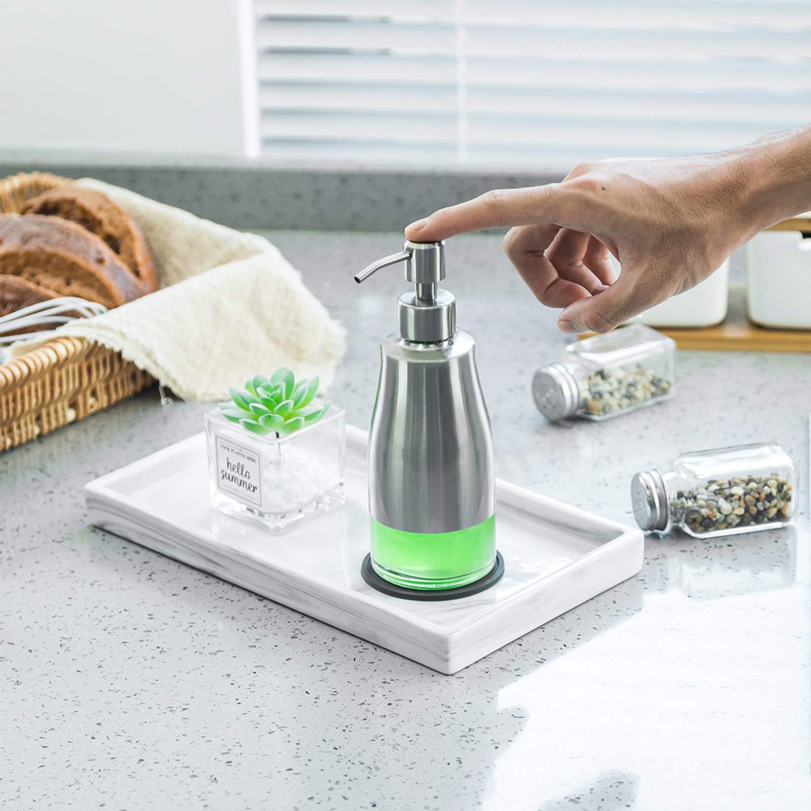 Gaussra Soap Dispenser With Coaster And Stickers, Brushed Nickel Stainless Steel Case Glass Liner Hand Pump Dispenser, Refillabl