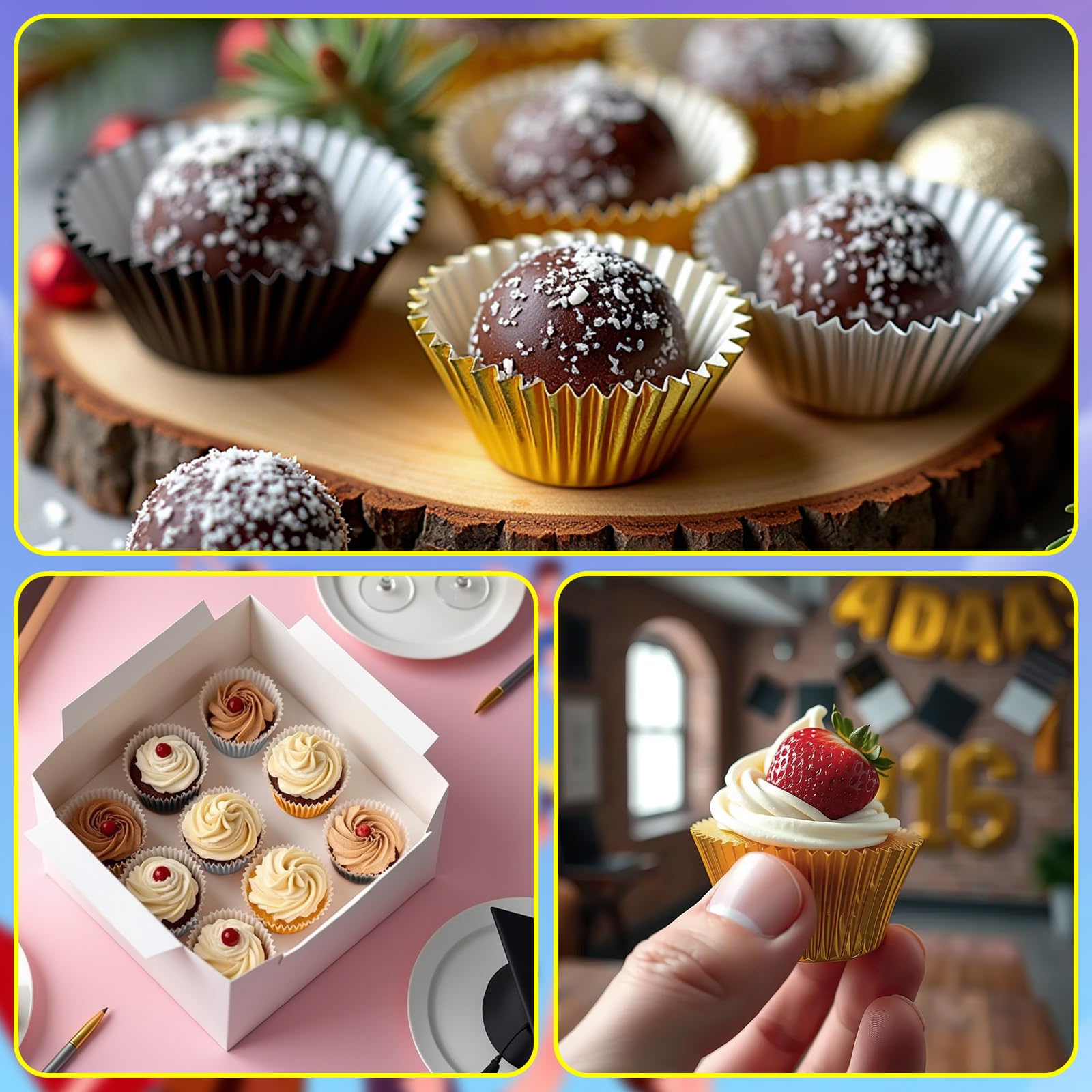 AUGSUN 400pcs Graduation Mini Foil Cupcake Liners Golden Silver Black Cupcake Baking Cups Metallic Mini Muffin Cupcake Wrappers