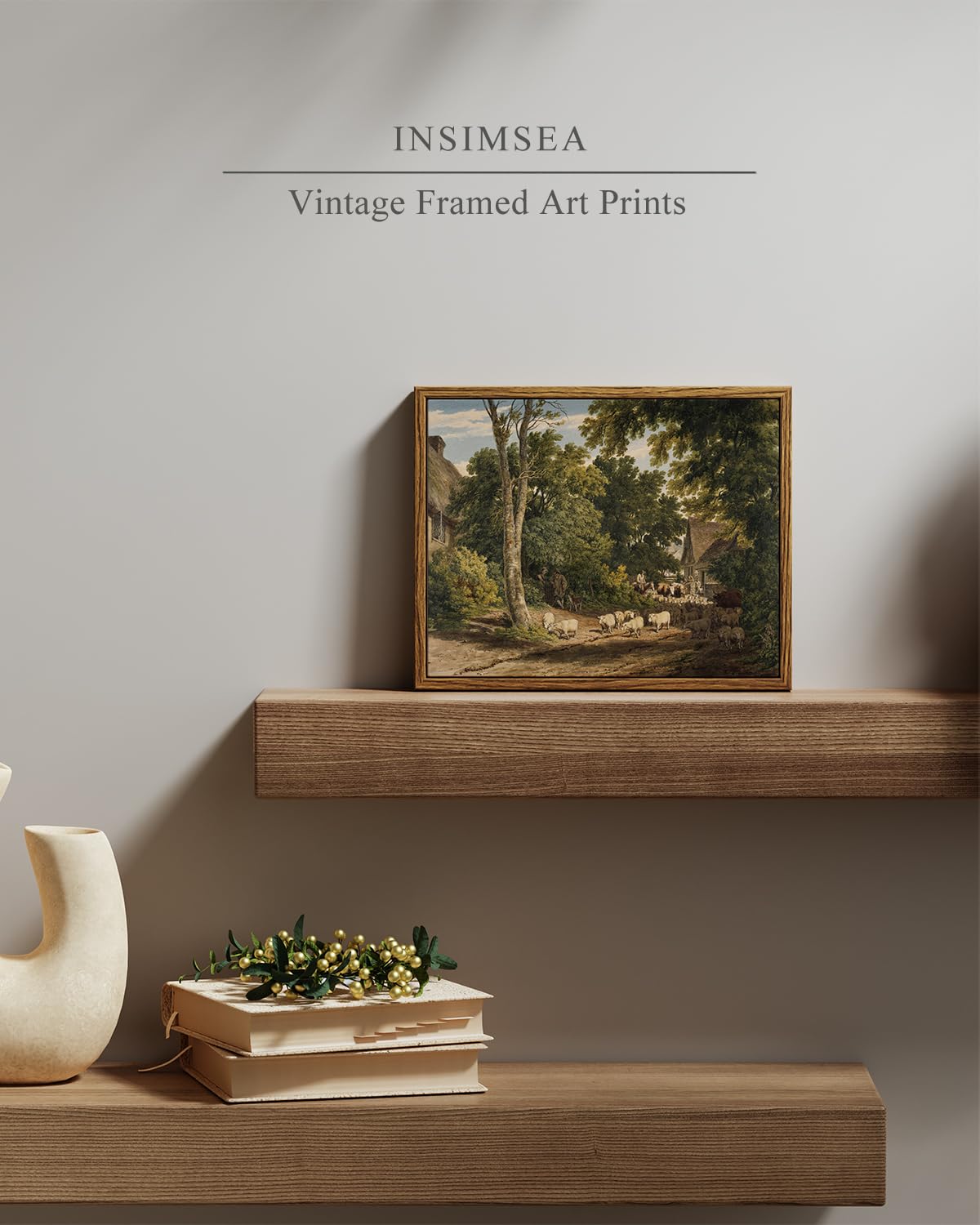 Insimsea Framed Canvas Wall Art Vintage Decor, Room Decor Classical Countryside Landscape Watercolor Painting Canvas Prints Wall