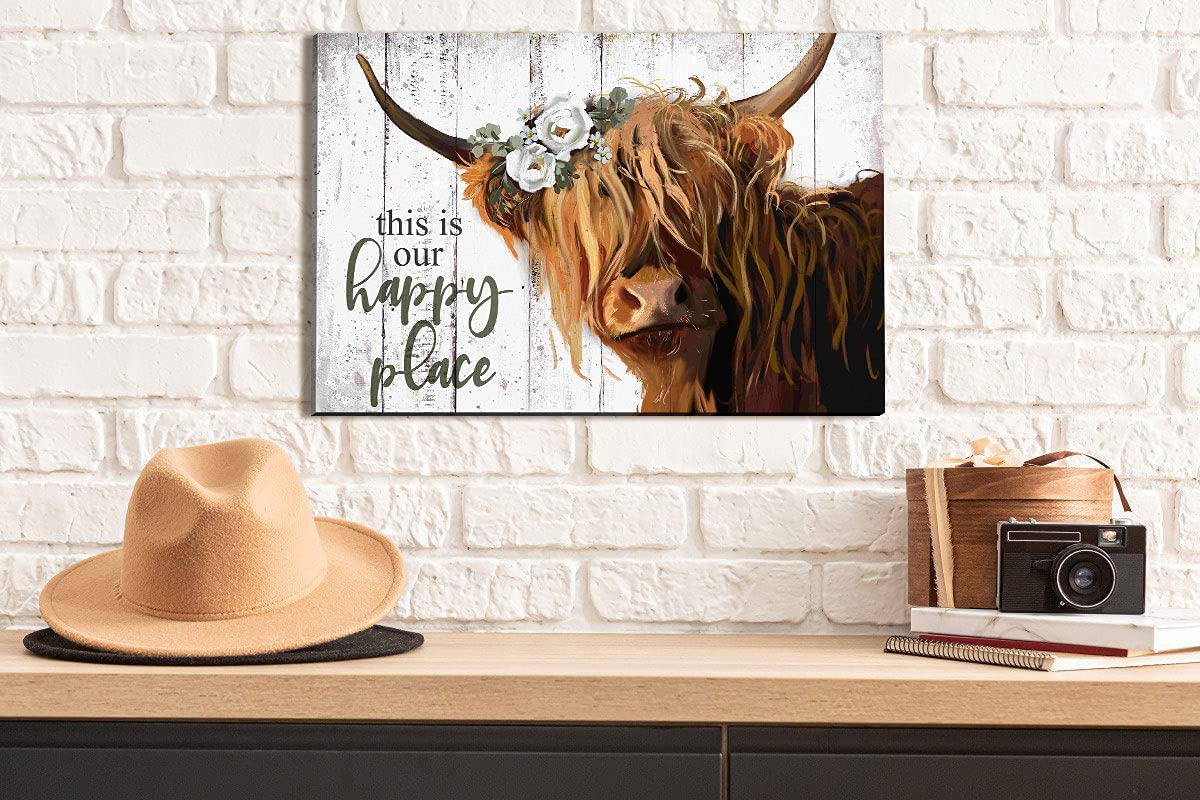 Highland Cow Wall Art - This Is Our Happy Place Inspirational Canvas Poster For Home - Long Haired Scottish Cow With White Flowe