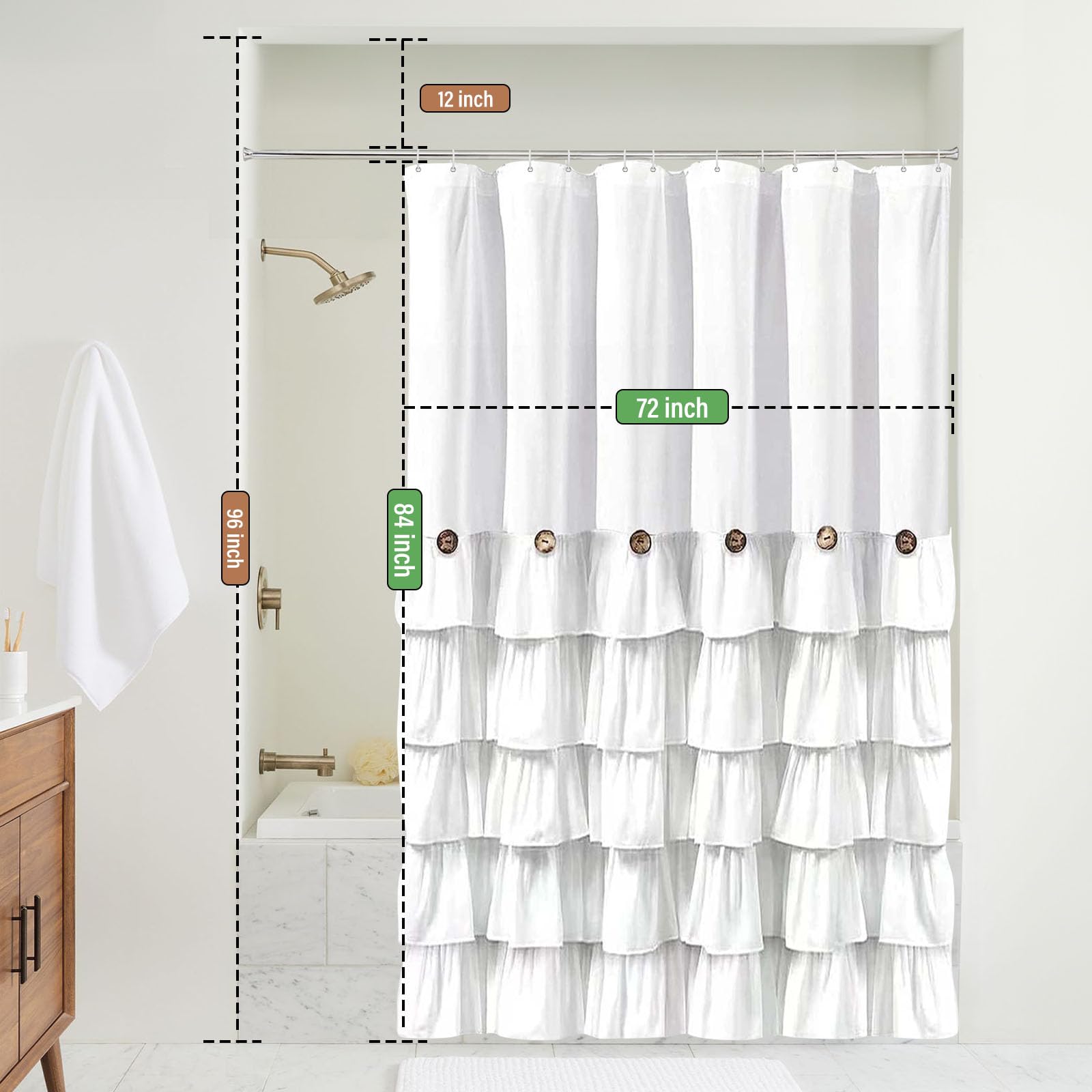 White Ruffle Shower Curtain Farmhouse Shower Curtain Set With 12 Hooks 72 X 84 Inch Fabric Shower Curtains With Buttons & White
