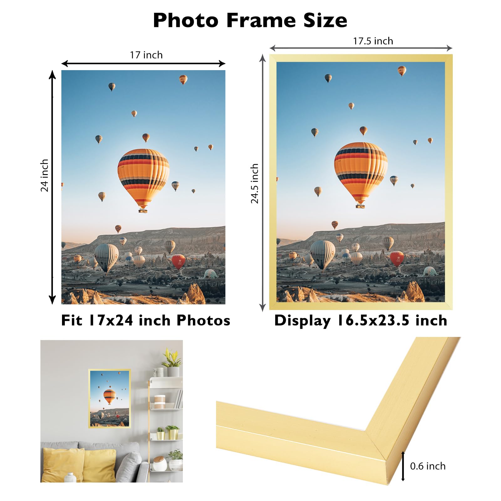 JCJMY 17x24 Picture Frame Gold for Poster Photo Picture, Horizontal and Vertical Formats for Wall Hanging, 17 x 24 Wall Gallery