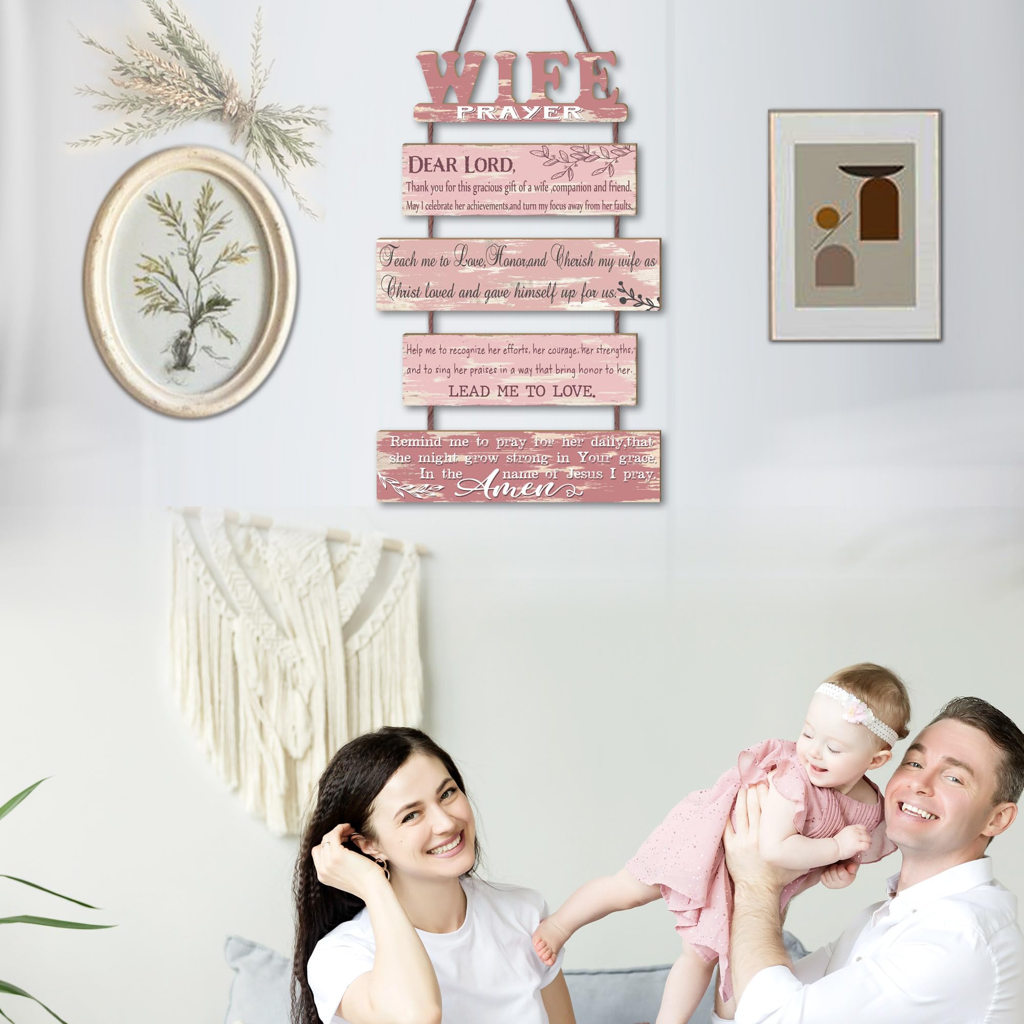 Wife Prayer Rustic Wall Sign with 5pcs Panels in Soft Pink - Christian Religious Farmhouse Hallway Family Decor - Thank You Plaq