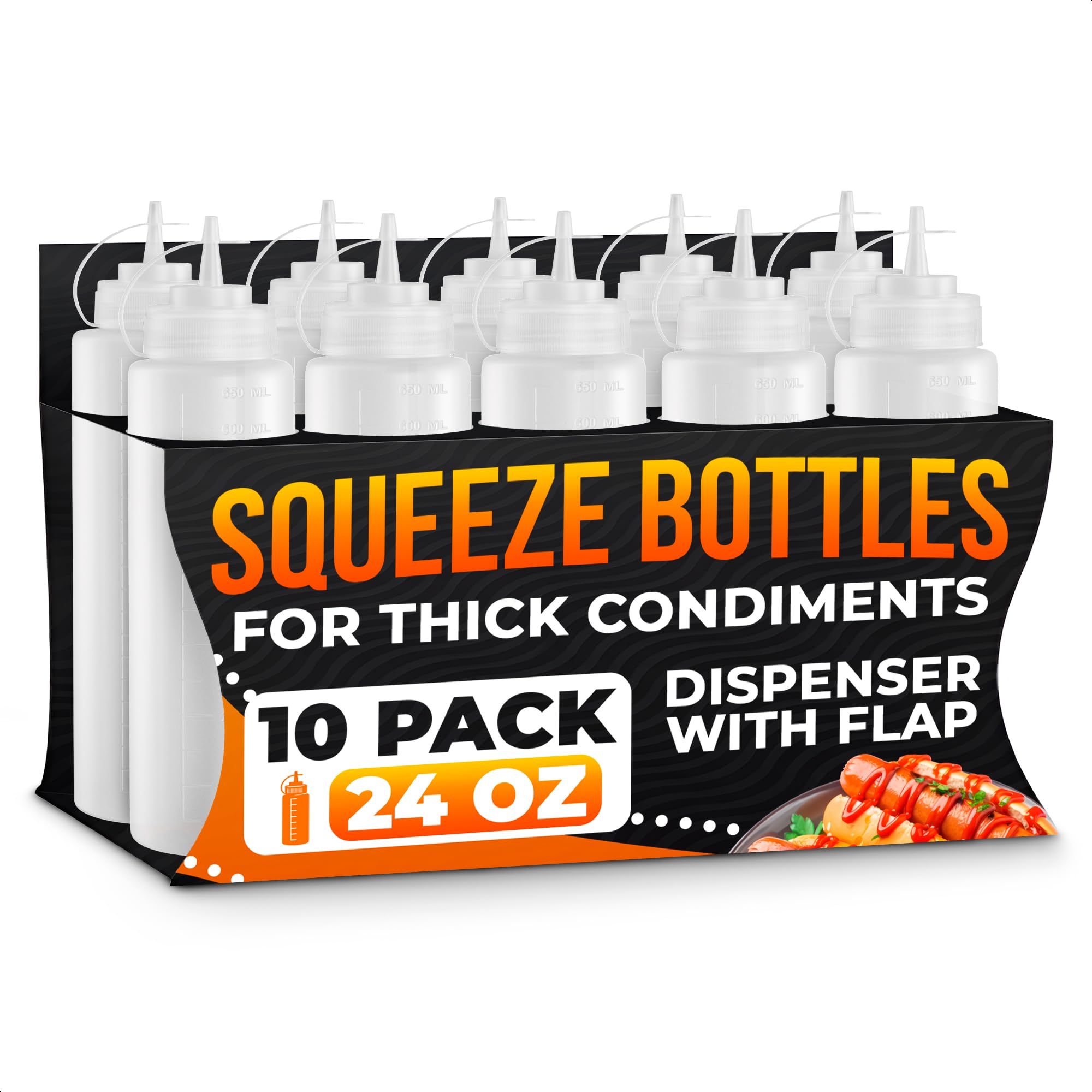 10-Pack Plastic Condiment Squeeze Bottles 24 oz - Refillable Squirt Bottles with Narrow Tip Leak-Resistant | Great for Oil, Sauc