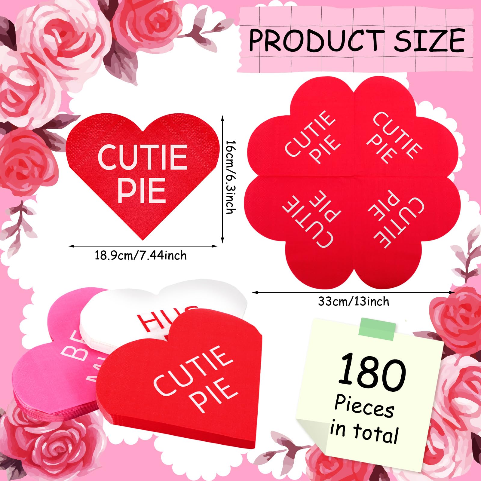 Crtiin 180 Pcs Valentine'S Day Heart Shaped Paper Napkins Valentine'S Day Heart Napkins Disposable Red White Pink Guest Hand Tow