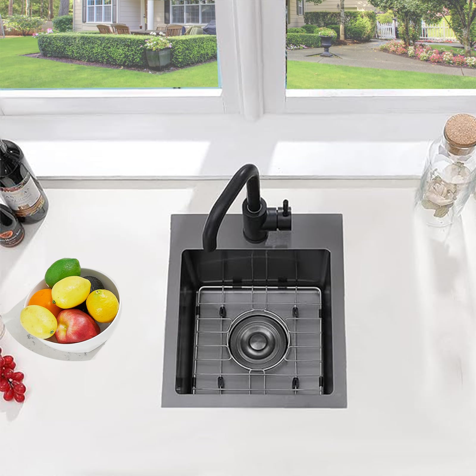 Vccucine Gunmetal Black Bar Sink Drop In, 15 X 15 Inch Topmount Rv Small Kitchen Sink, 16 Gauge Overmount Stainless Steel Wet Ba