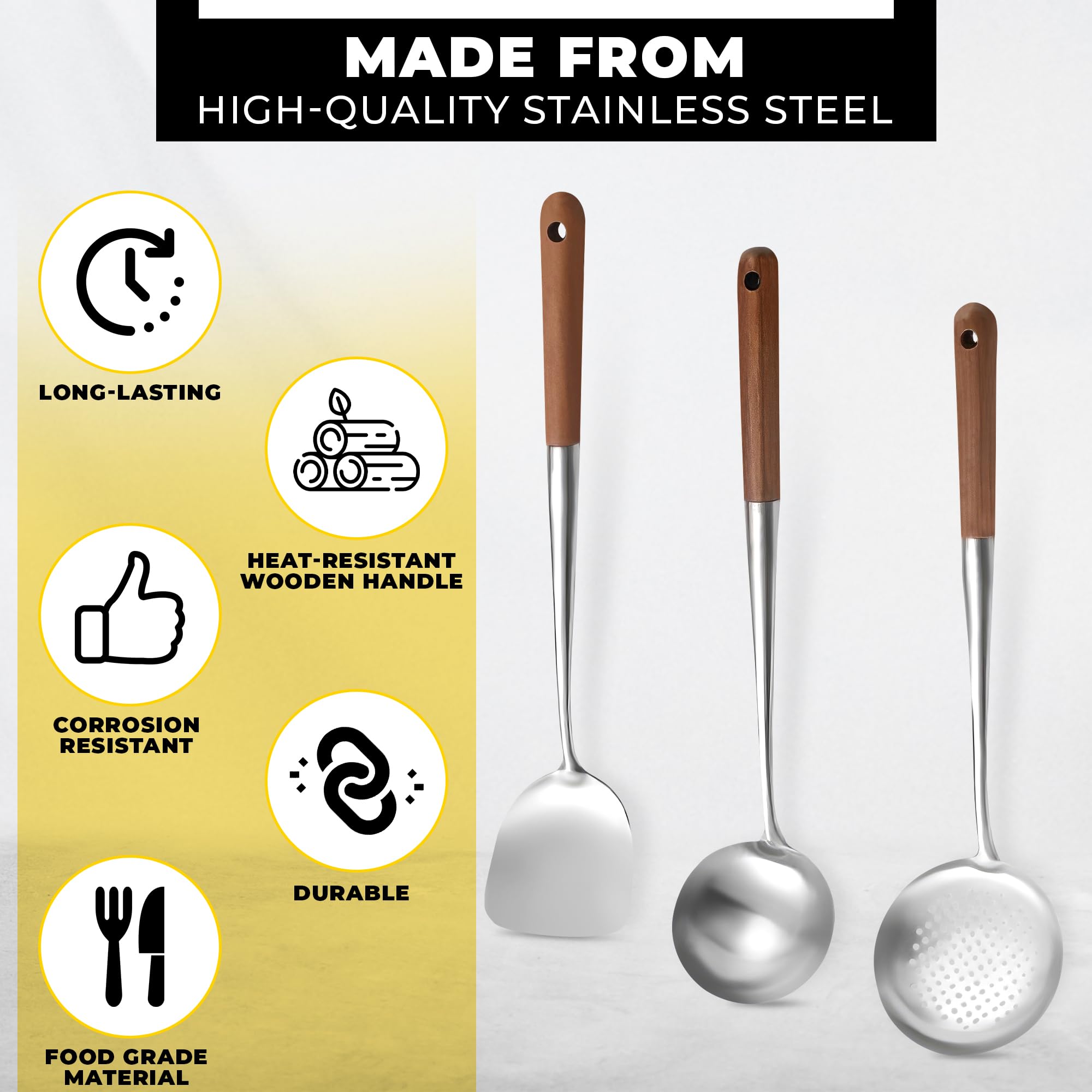 3Pcs Wok Spatula And Ladle Wok Utensils - Stainless Steel Cooking Utensils Set Of Wok Ladle And Spatula Set Of Wok Spatula Stain