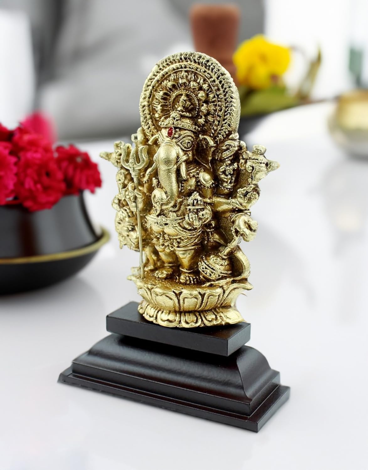 Justclickindia Fiber Resin Action Sri Shubha Drishti Ganapathy Idol, 5 Inch (Gold And Brown)