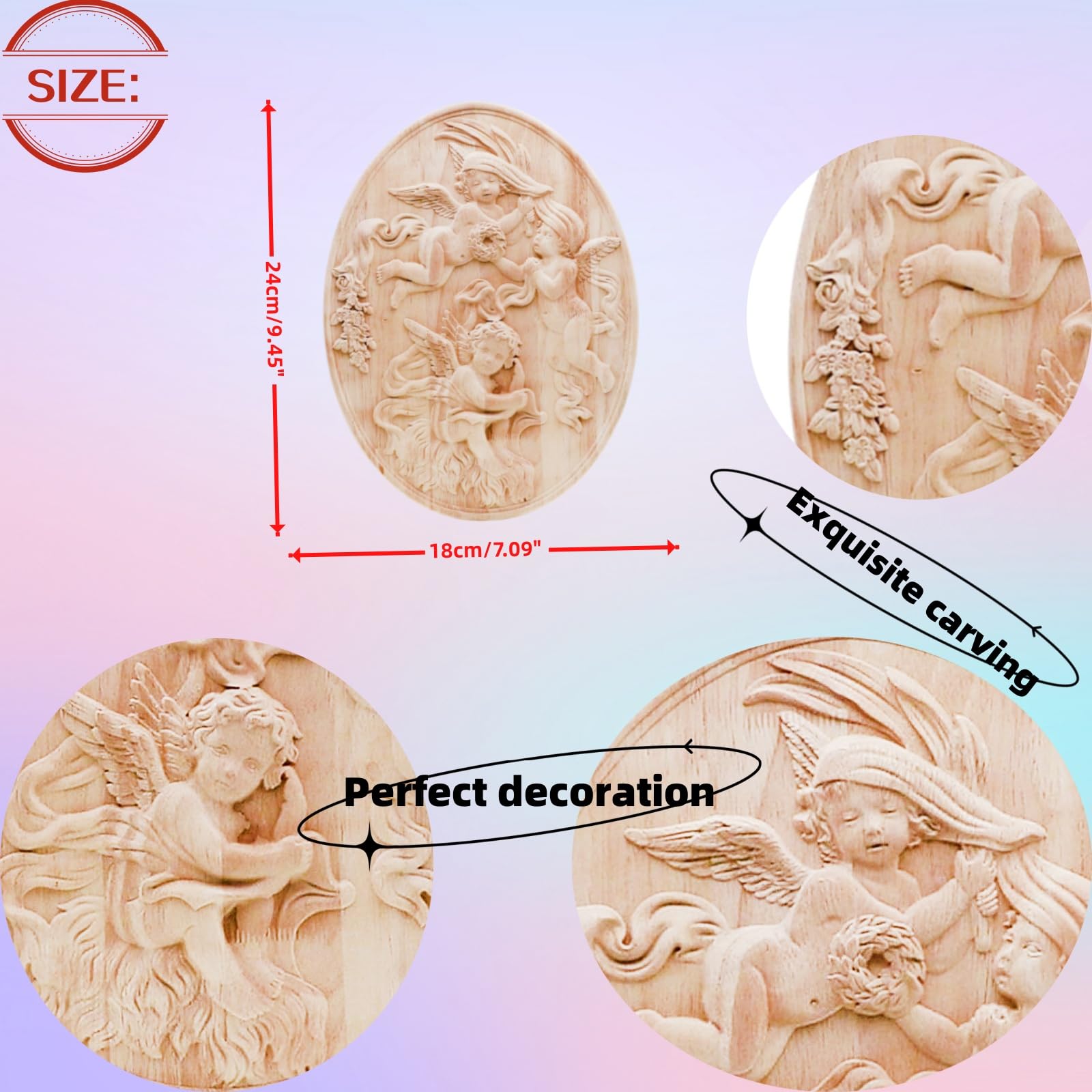 BSYMDH Angel Pattern Wood Carving Decal Unpainted Wood Onlay Appliques Wood Carved Furniture DIY Appliques Onlays for Wall Door