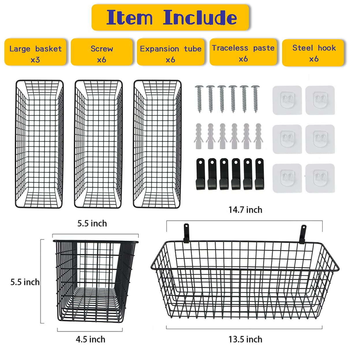 3 Set [Extra Large]Hanging Wall Wire Baskets, Farmhouse Food Storage Kitchen Pantry Laundry Closet Garage Rv,Black
