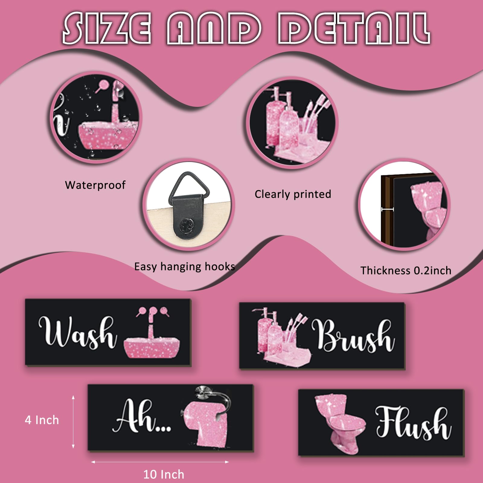 FENCORDAR 4 Pcs Pink Bathroom Decor Funny Pink And Black Bathroom Decor Wooden Modern Funny Glitter for Home Toilet Decoration(1