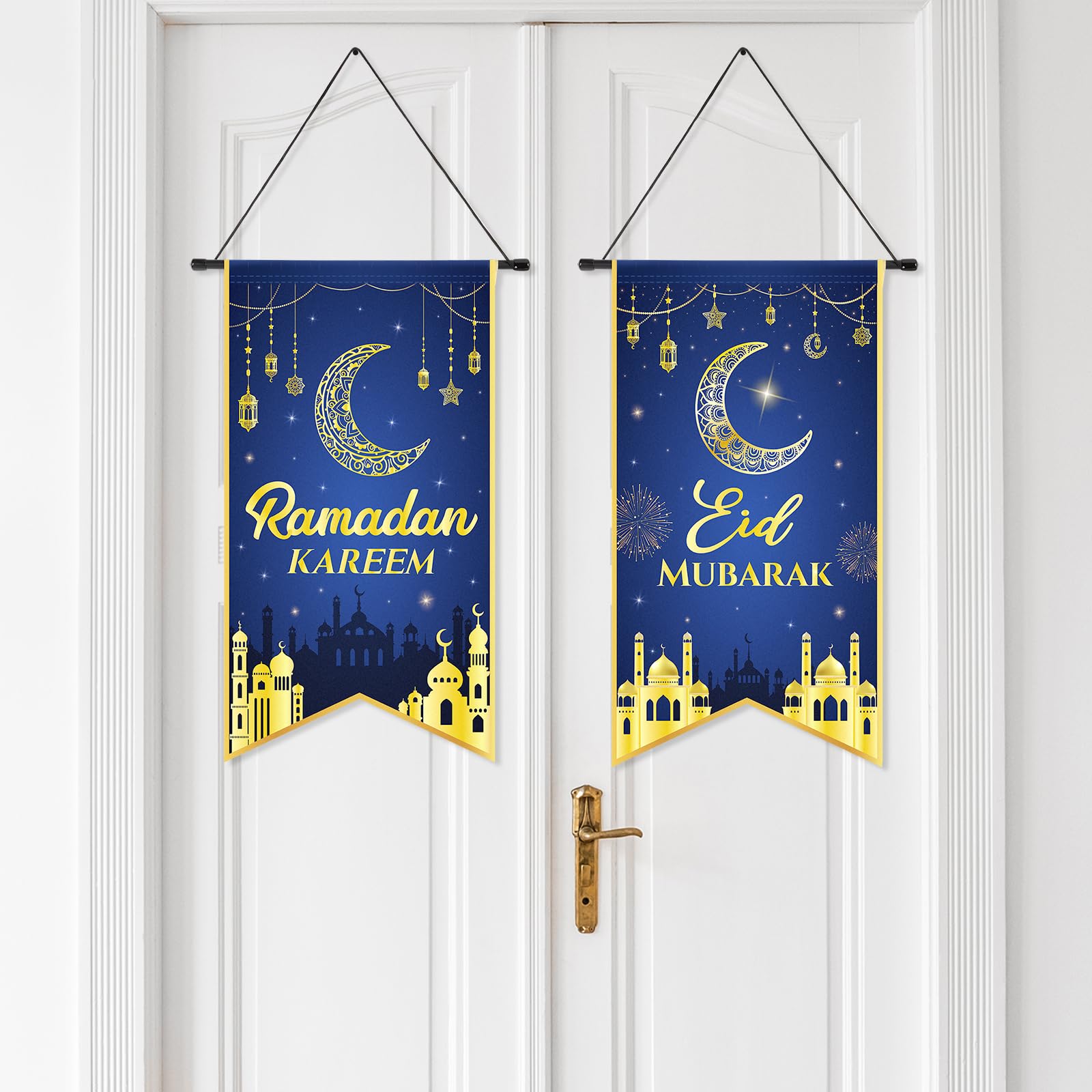 2Pcs Eid Mubarak Decorations Ramadan Kareem Hanging Door Sign Ramadan Mubarak Banner Party Decorations Welcome Wall Banner For P