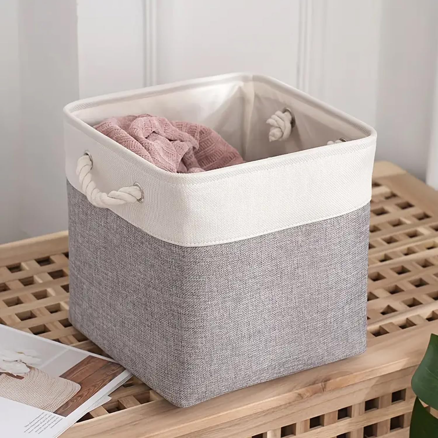 Heart Home Foldable Storage Basket|Polyester Toy Storage Bin|Wardrobe Organizer For Clothes (Grey & White)