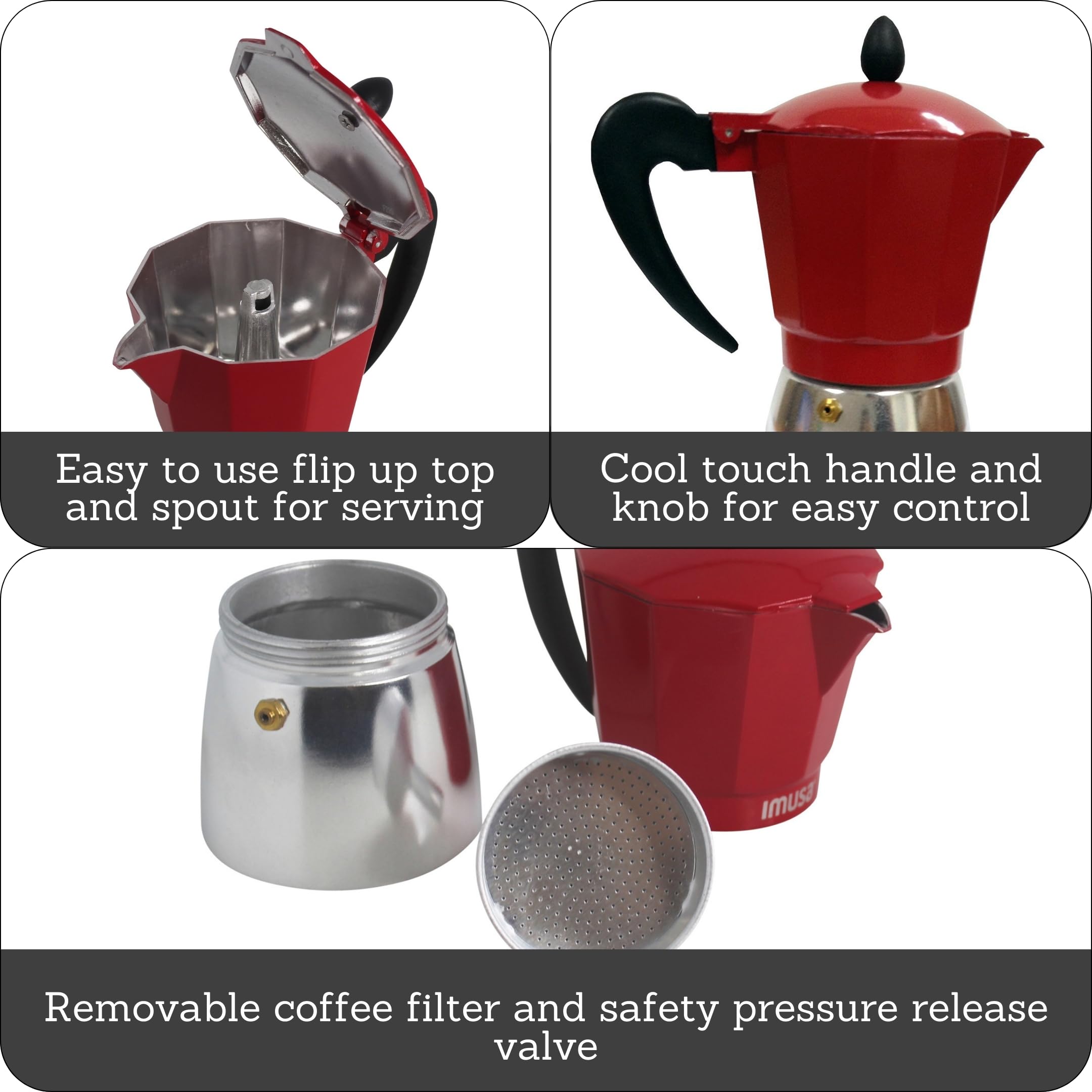 Imusa Usa Red Aluminum Stovetop 6-Cup Classic Italian And Cuban Espresso Maker (B120-43T), Silver/Red